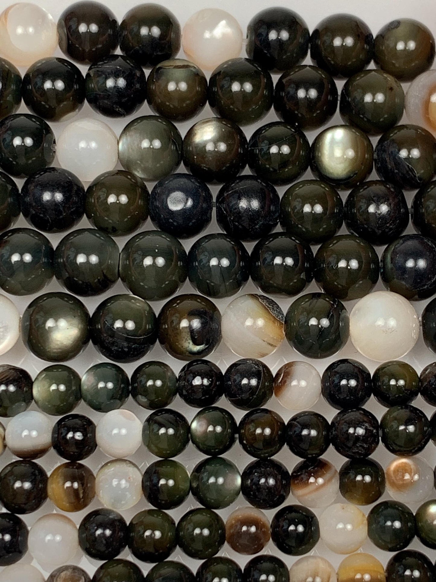 Natural Black Deep Green Mother of Pearl shell smooth round Beads: Genuine Gemstone Strand 15
