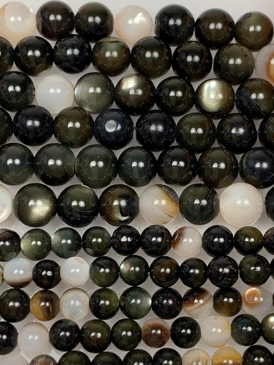 Natural Black Deep Green Mother of Pearl shell smooth round Beads: Genuine Gemstone Strand 15