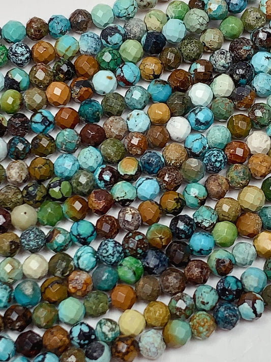 Natural Chrysocolla Azurite Faceted Round Beads: Blue, Yellow, Brown, Green - 15.5" Strand