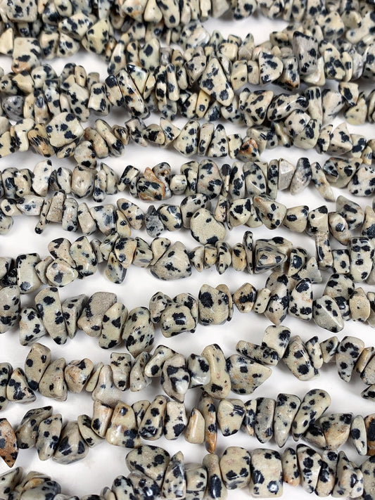 Dalmatian Jasper Chip Beads: Natural Black White Gemstone, 32" Strand