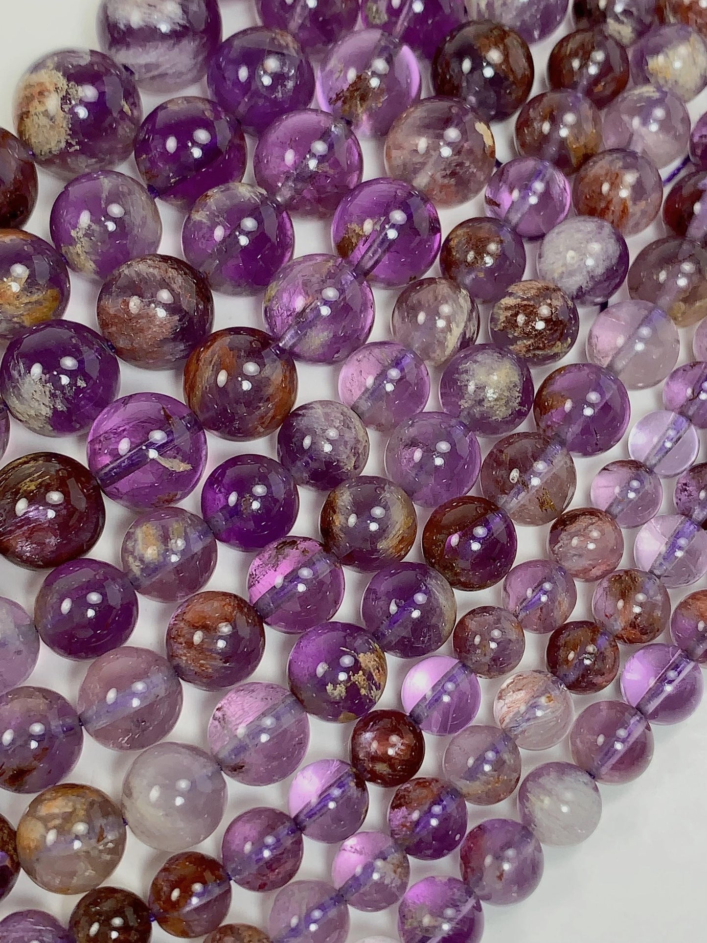AAA Natural Purple Brown Super 7 Seven  Phantom Amethyst Cacoxenite Crystal Smooth Round Beads 15.5" Strand 6mm 8mm 10mm 12mm 14mm 16mm 17mm