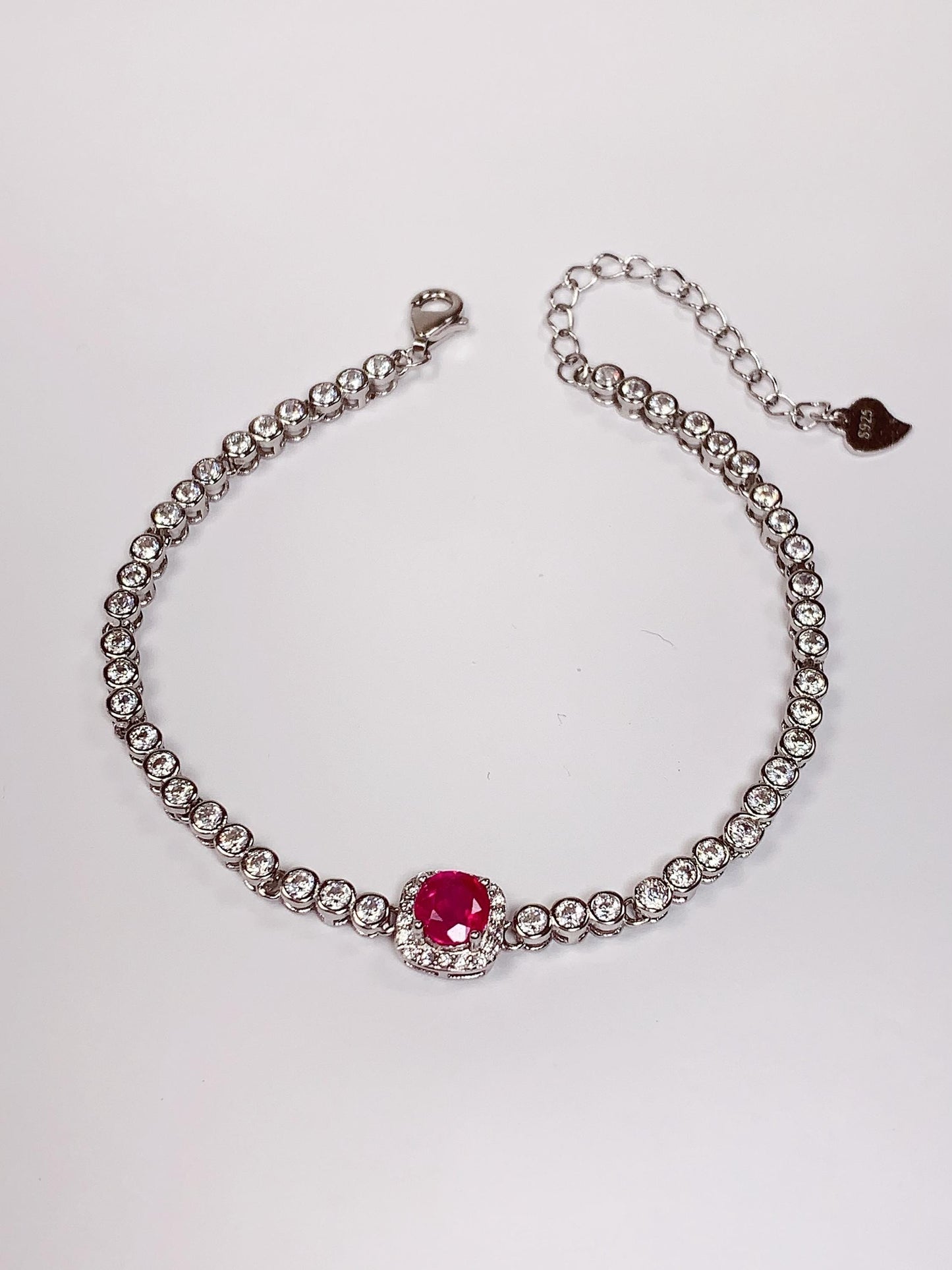 Ruby Bracelet: 18K White Gold Plated Sterling Silver, 5mm Red Gemstone