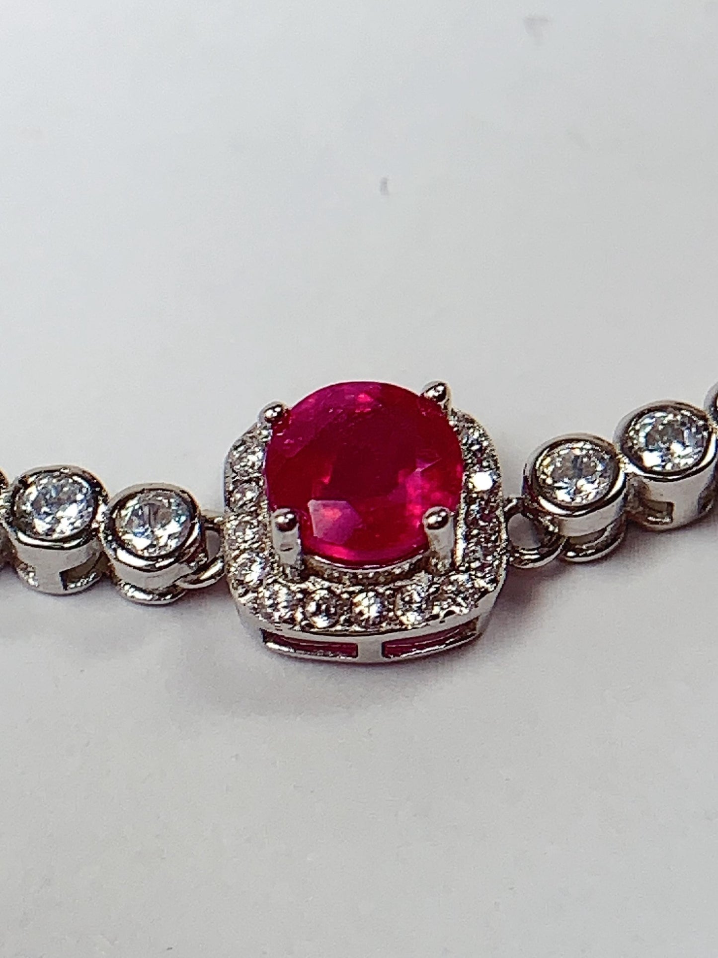 Ruby Bracelet: 18K White Gold Plated Sterling Silver, 5mm Red Gemstone