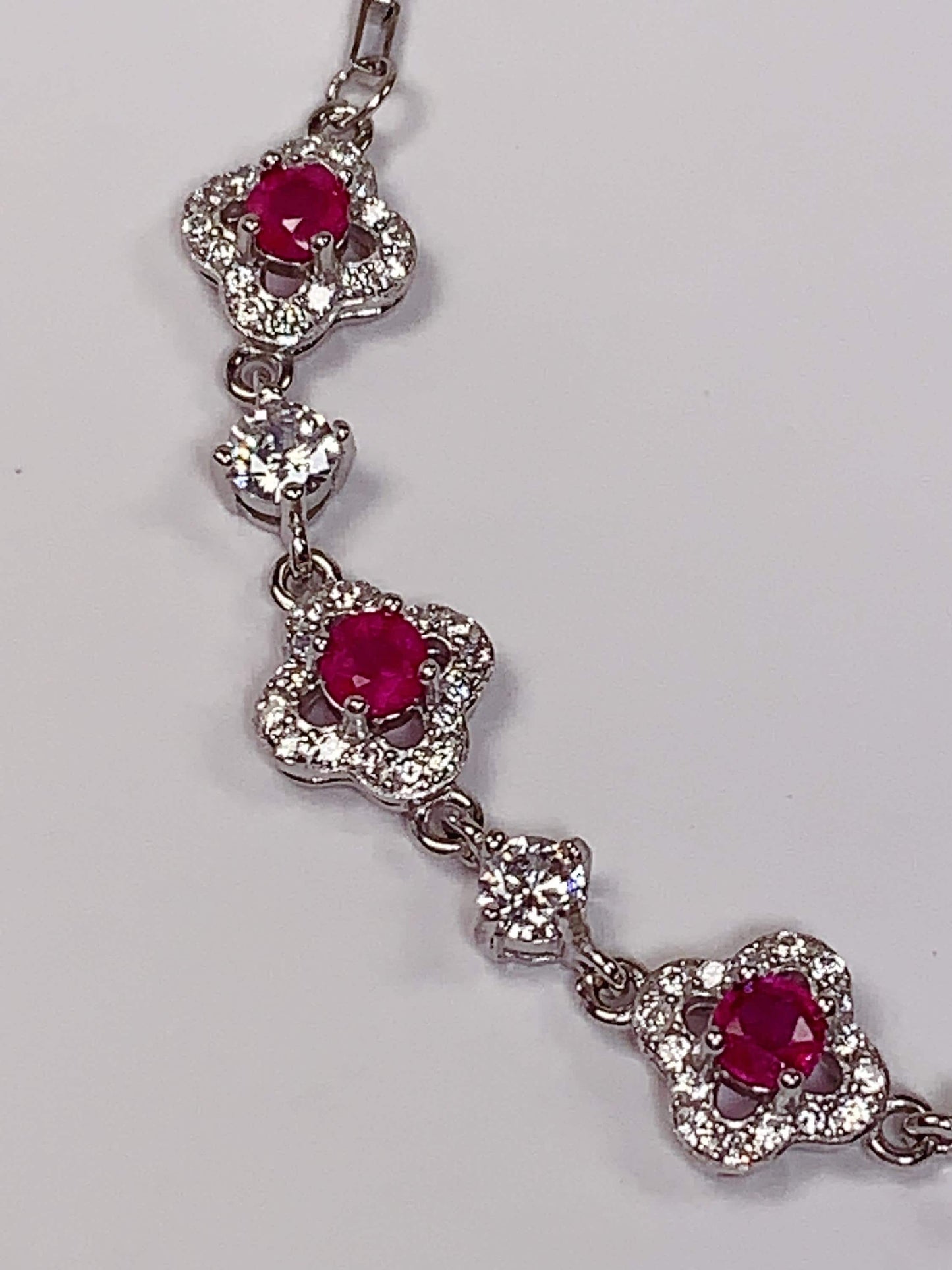 Ruby Sterling Silver Bracelet: 18K White Gold Plated, Floral Design