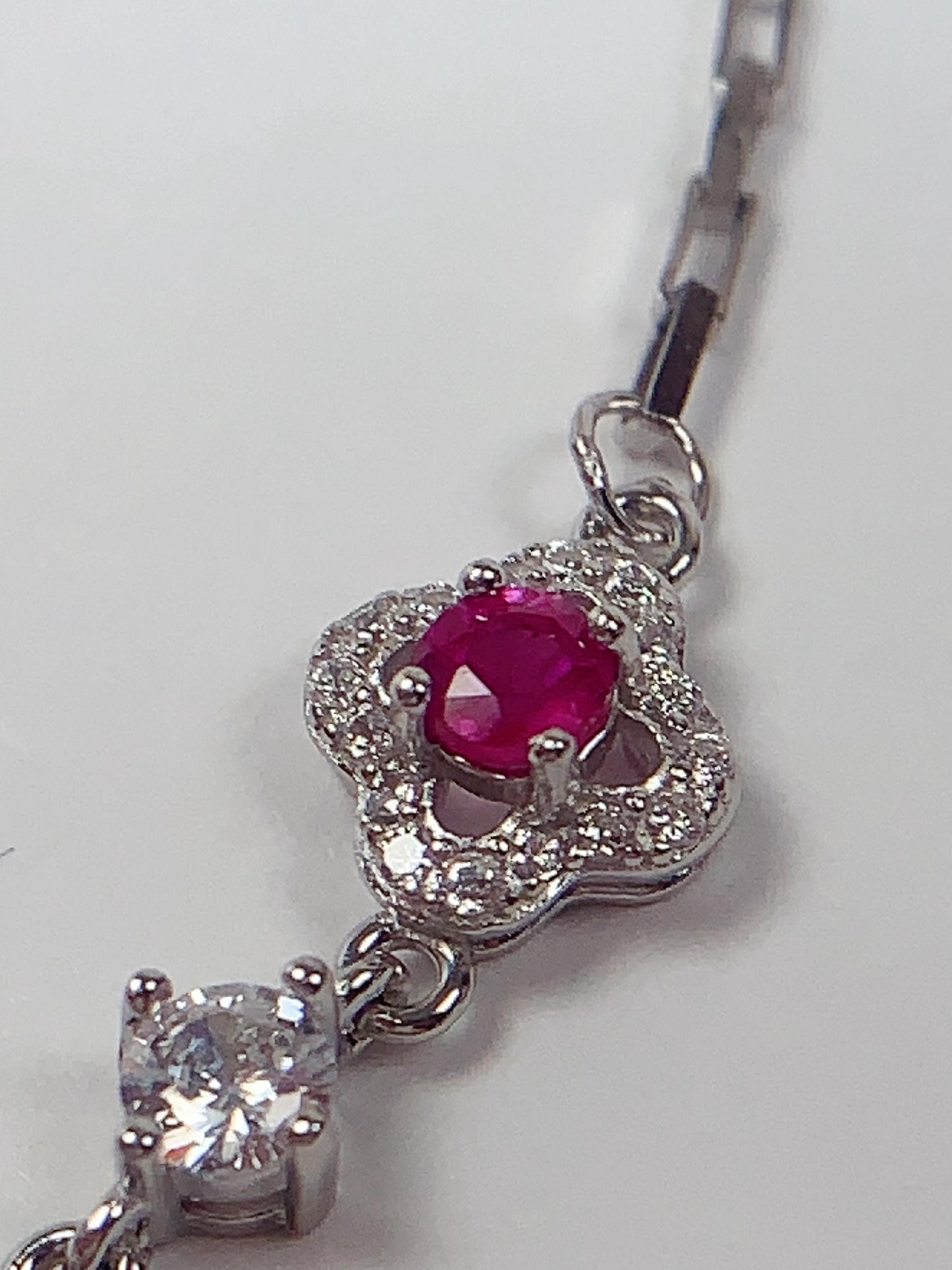 Ruby Sterling Silver Bracelet: 18K White Gold Plated, Floral Design