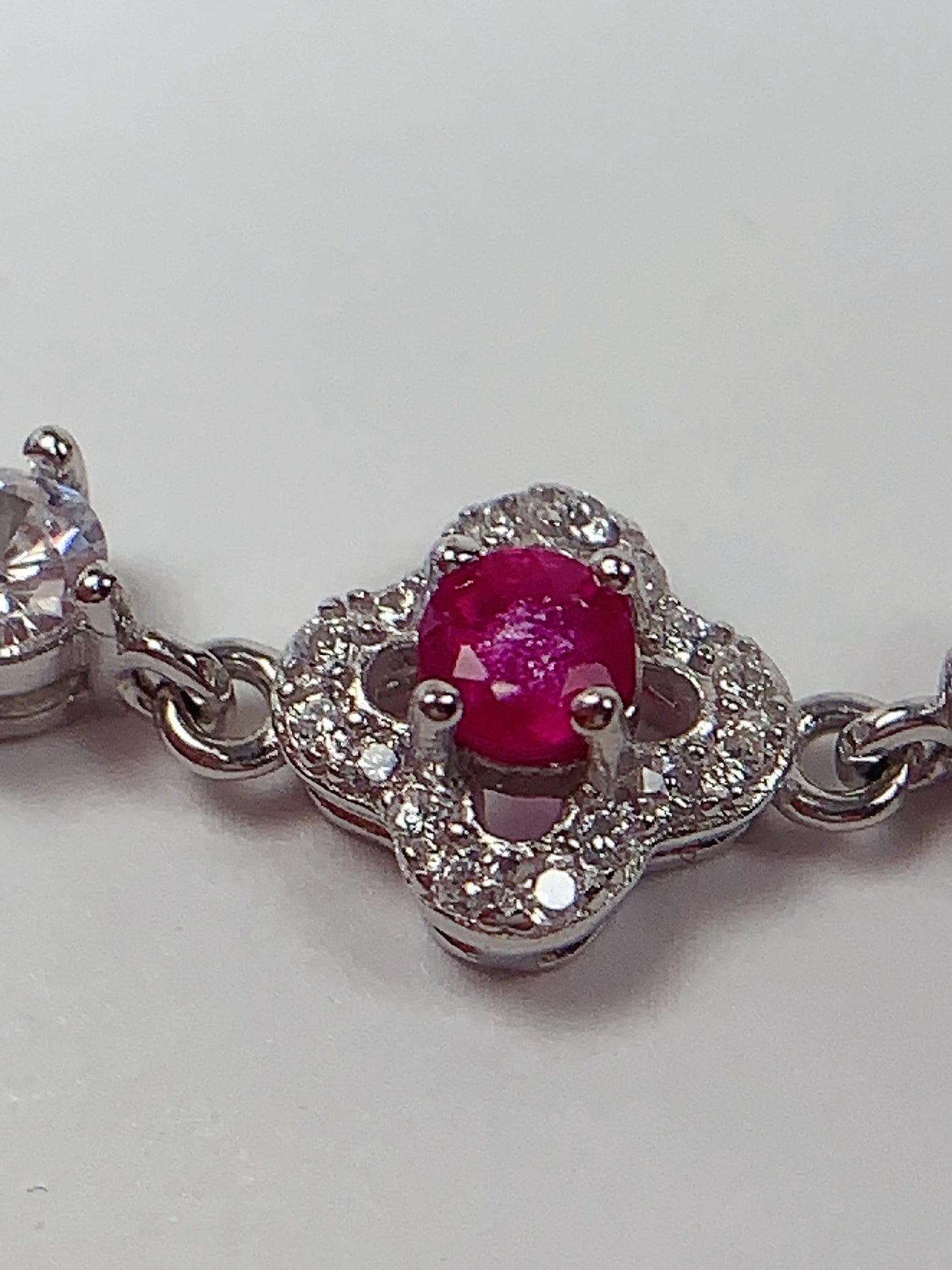 Ruby Sterling Silver Bracelet: 18K White Gold Plated, Floral Design