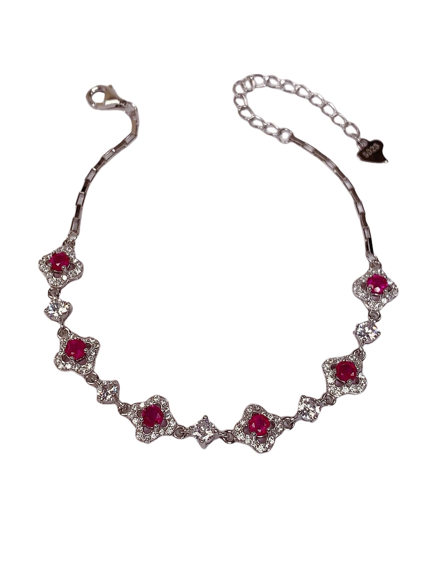 Ruby Sterling Silver Bracelet: 18K White Gold Plated, Floral Design