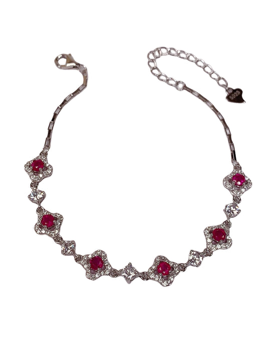 Ruby Sterling Silver Bracelet: 18K White Gold Plated, Floral Design