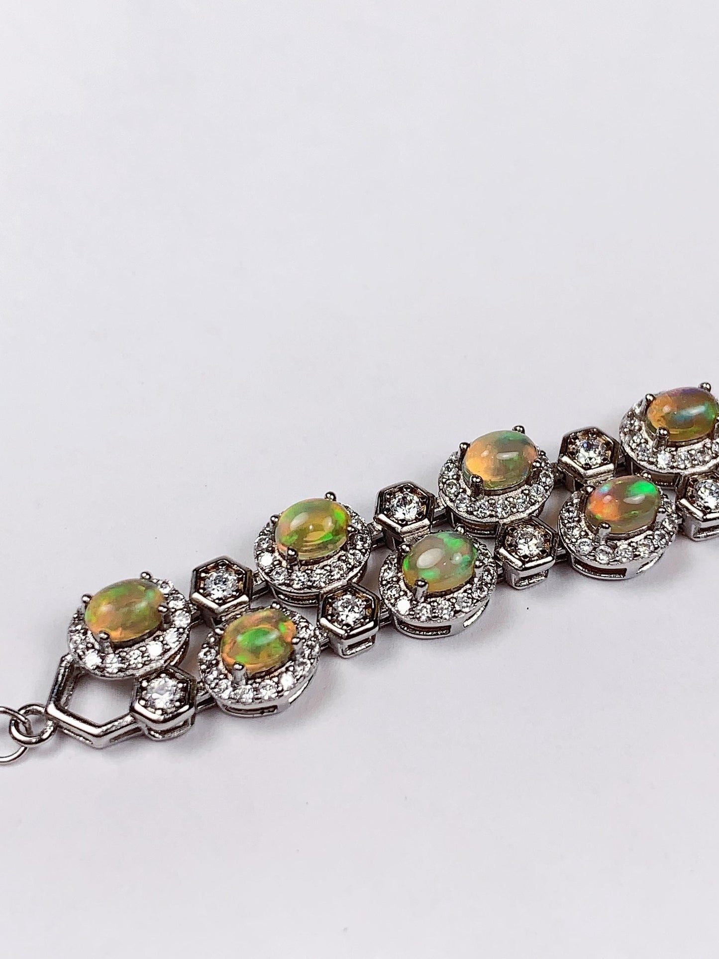 3mmx 4mm Genuine Natural Rainbow Opal Oval Cut 18K white Gold Plated S 925 Solid Sterling Silver Bracelet