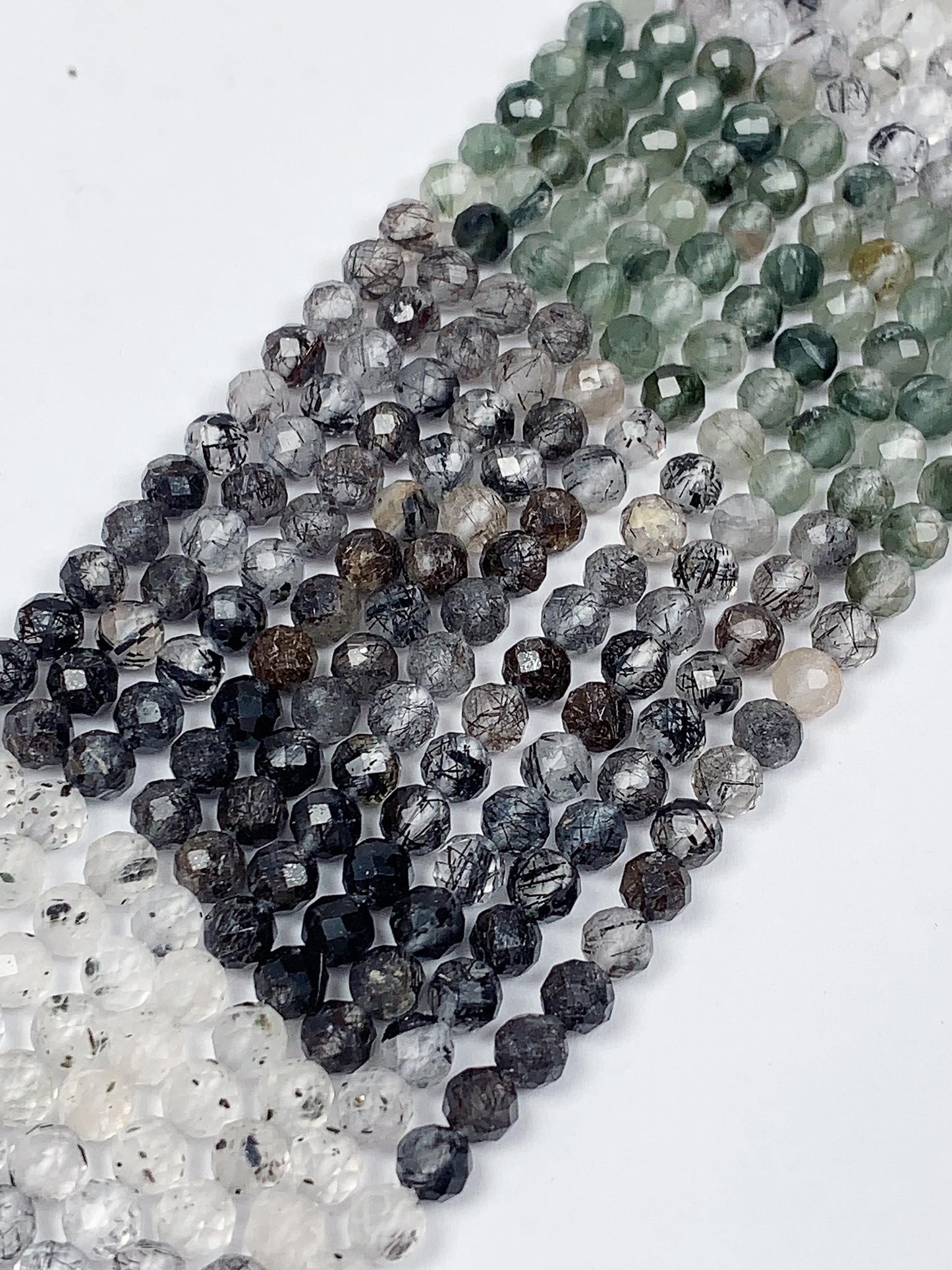 Faceted Rutilated Quartz Beads: Black, Green, Clear Gradient, 2-4mm