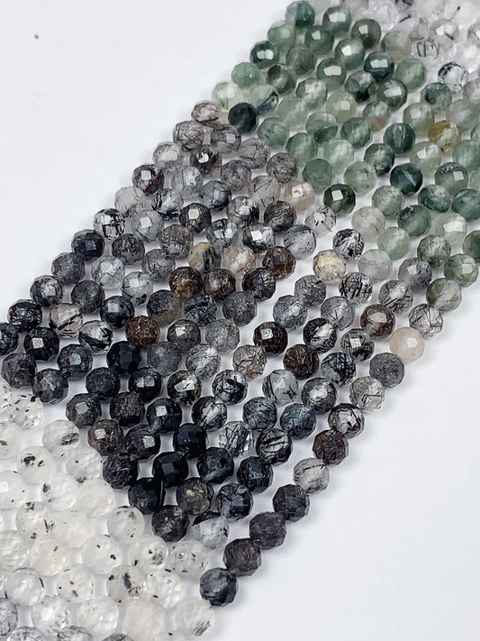 Faceted Rutilated Quartz Beads: Black, Green, Clear Gradient, 2-4mm