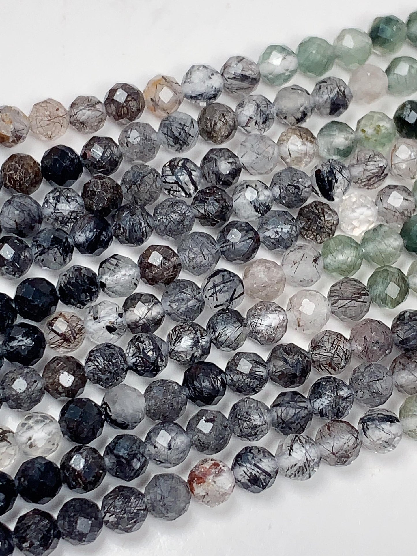 Faceted Rutilated Quartz Beads: Black, Green, Clear Gradient, 2-4mm