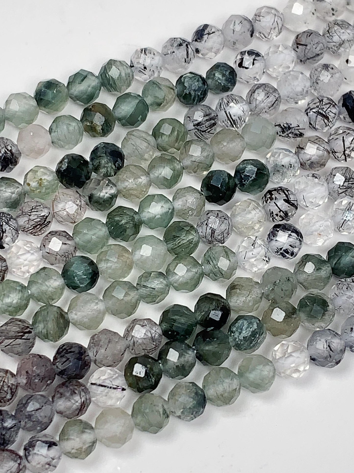 Faceted Rutilated Quartz Beads: Black, Green, Clear Gradient, 2-4mm