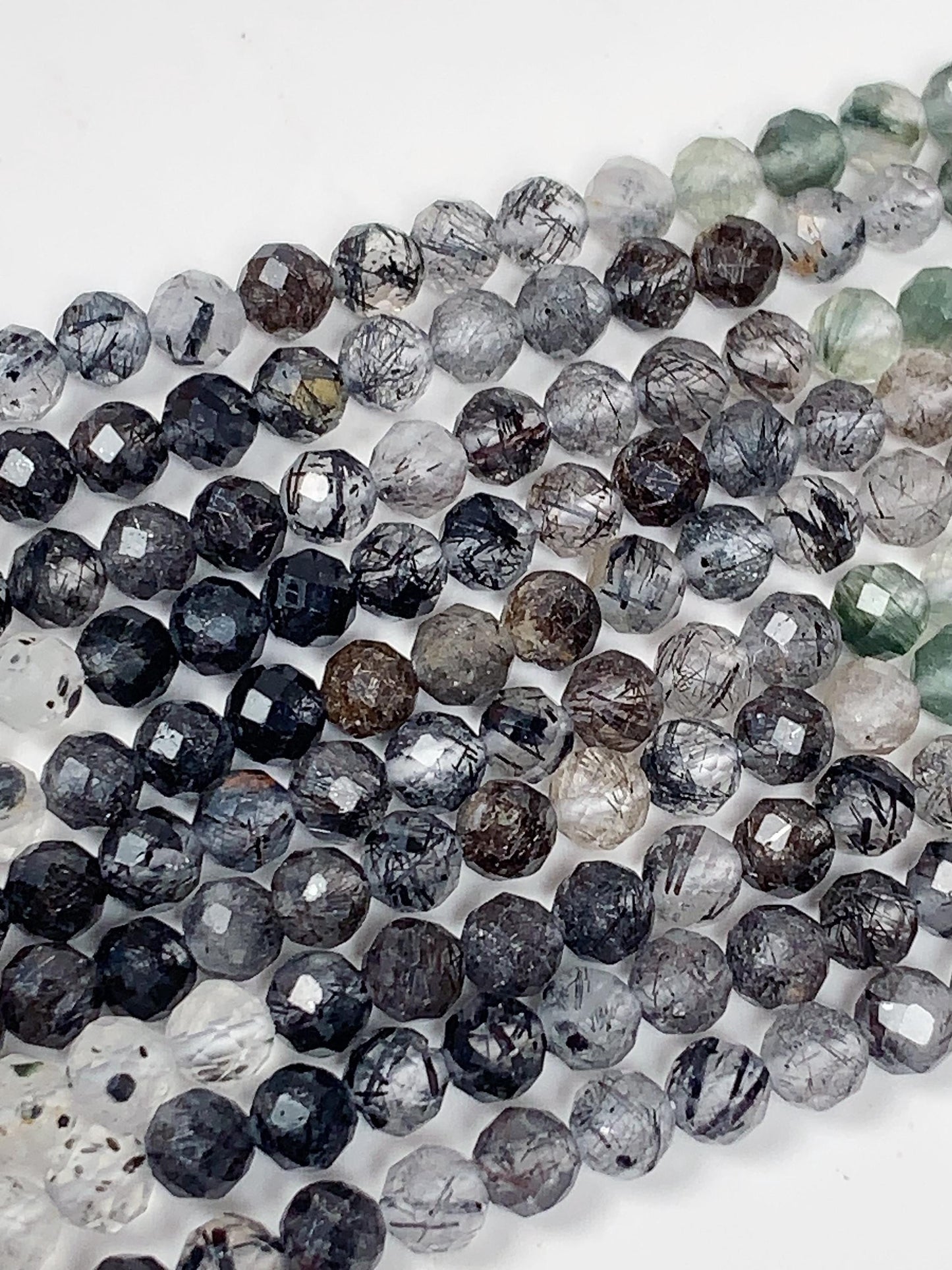 Faceted Rutilated Quartz Beads: Black, Green, Clear Gradient, 2-4mm