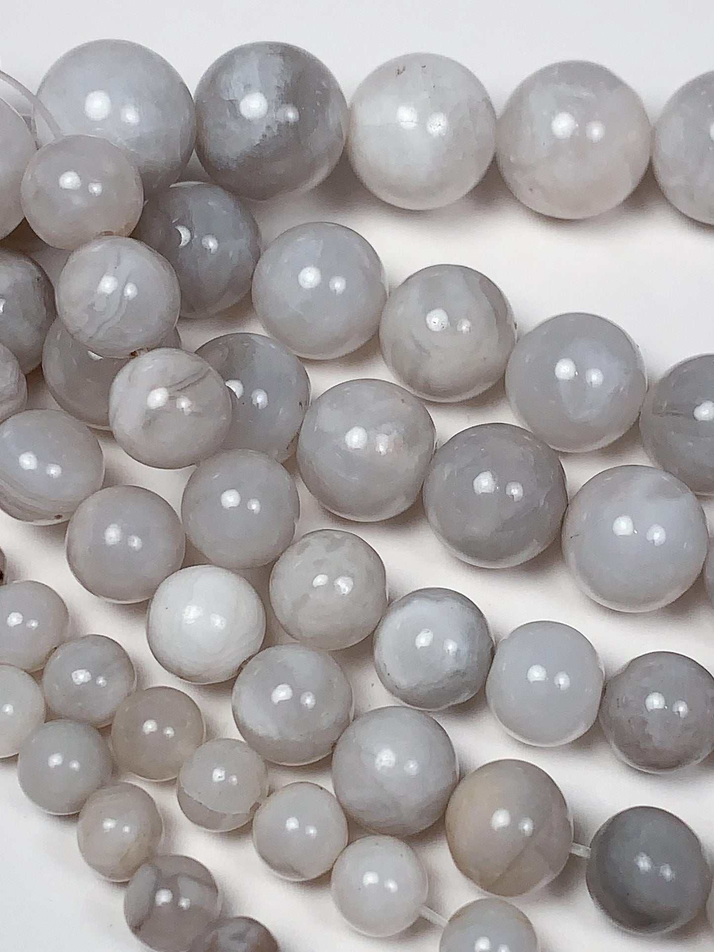 Natural White & Gray Agate Beads: Smooth Round Gemstone Strand