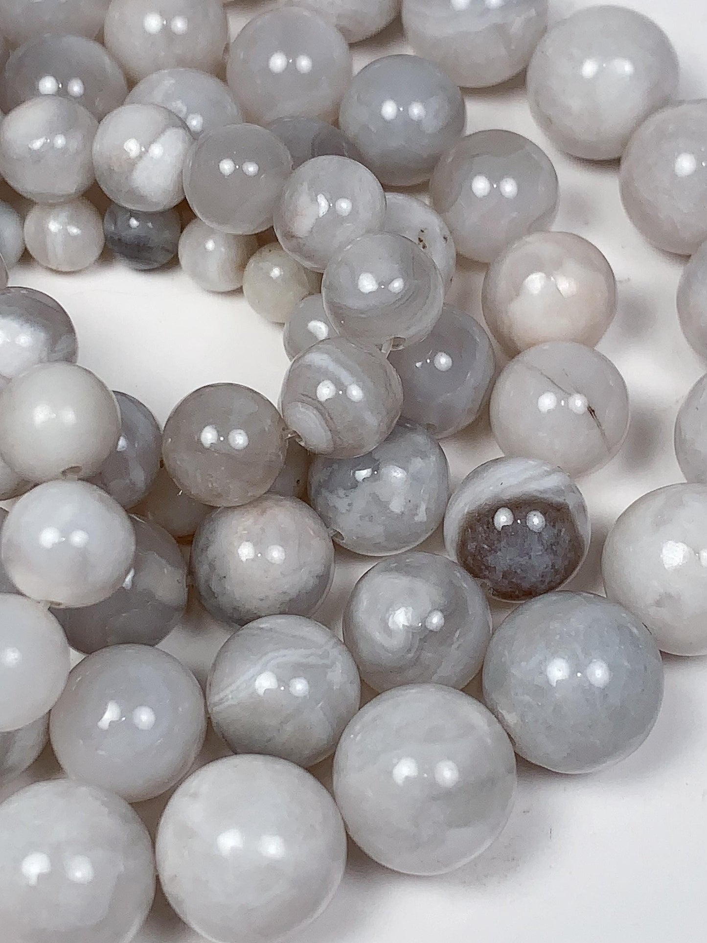 Natural White & Gray Agate Beads: Smooth Round Gemstone Strand