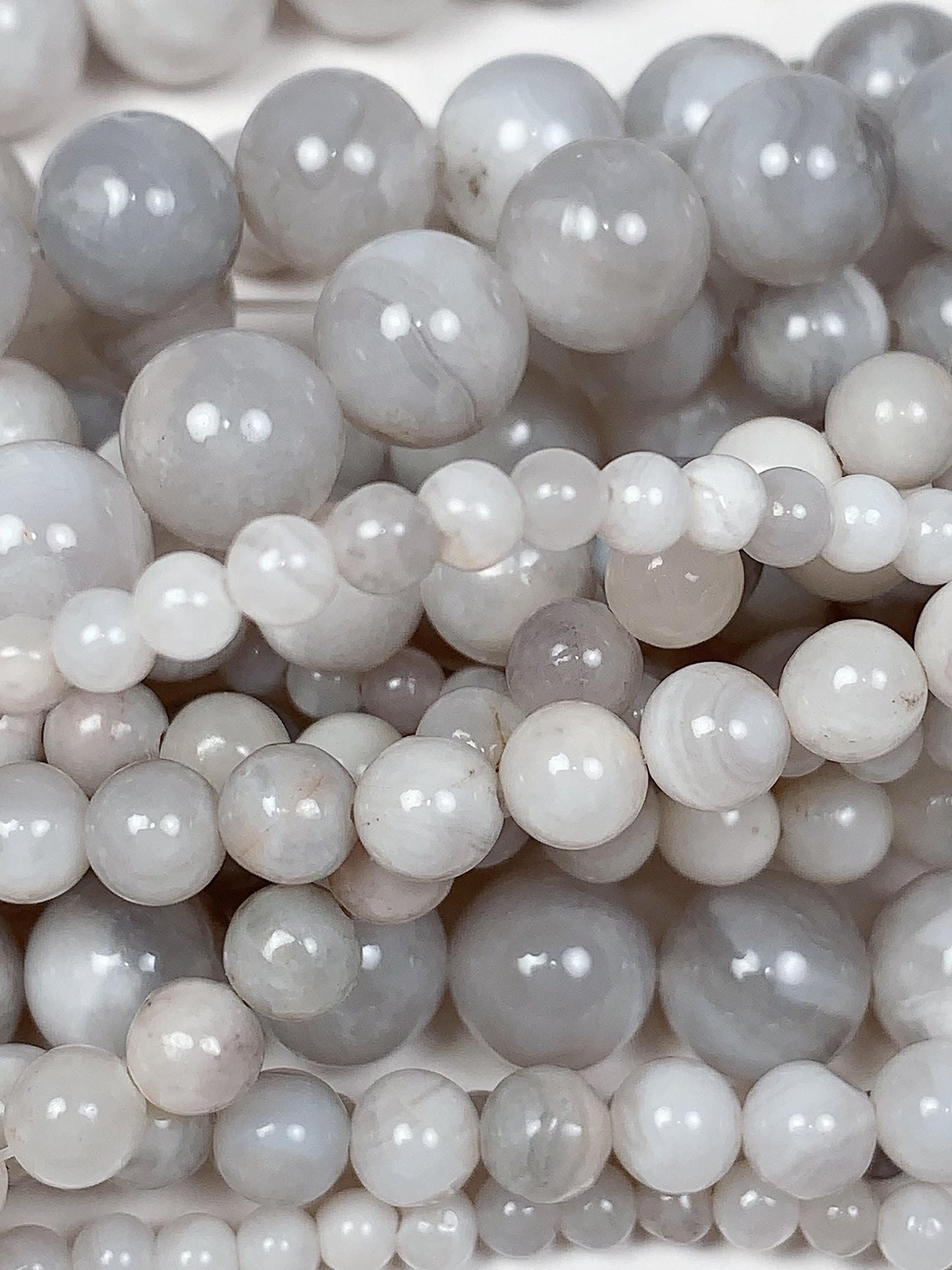 Natural White & Gray Agate Beads: Smooth Round Gemstone Strand