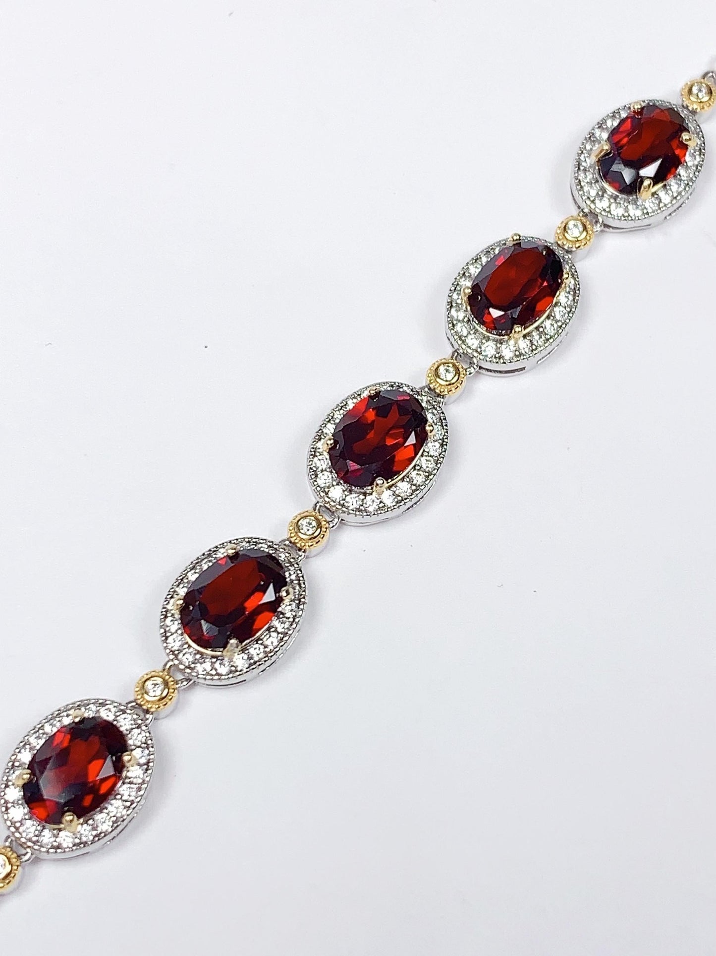 AAA Red Garnet Bracelet: 18K Gold Plated Sterling Silver, Oval Cut