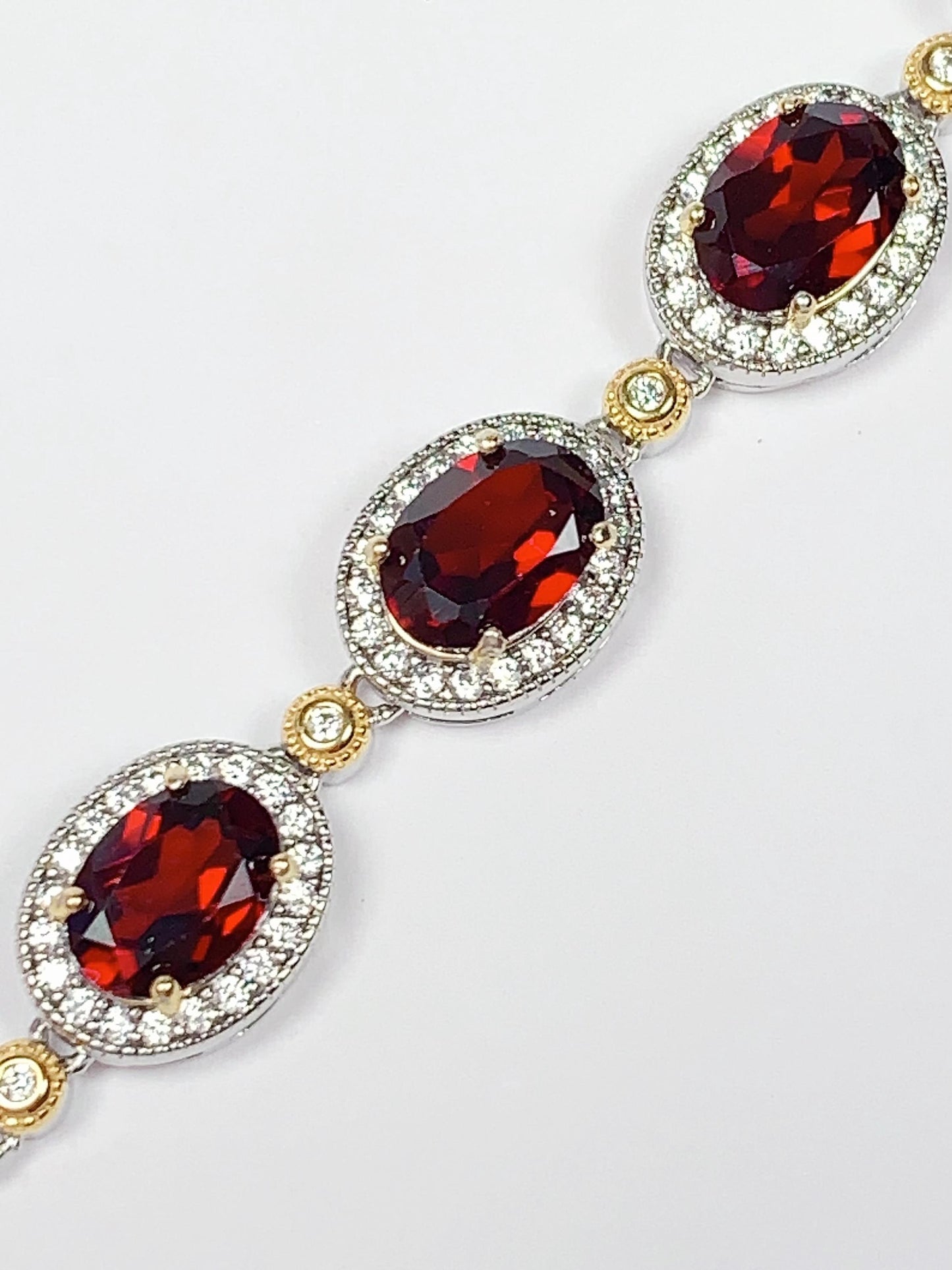 AAA Red Garnet Bracelet: 18K Gold Plated Sterling Silver, Oval Cut
