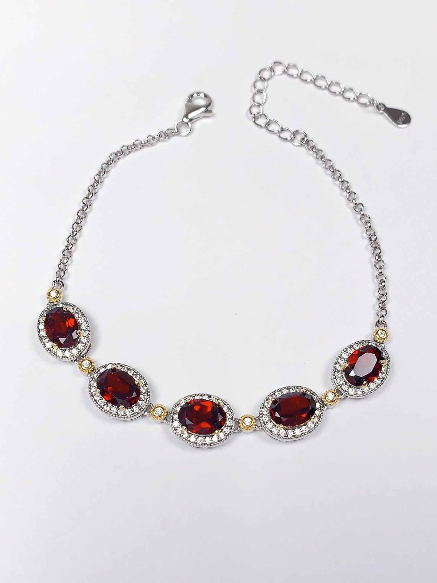 AAA Red Garnet Bracelet: 18K Gold Plated Sterling Silver, Oval Cut