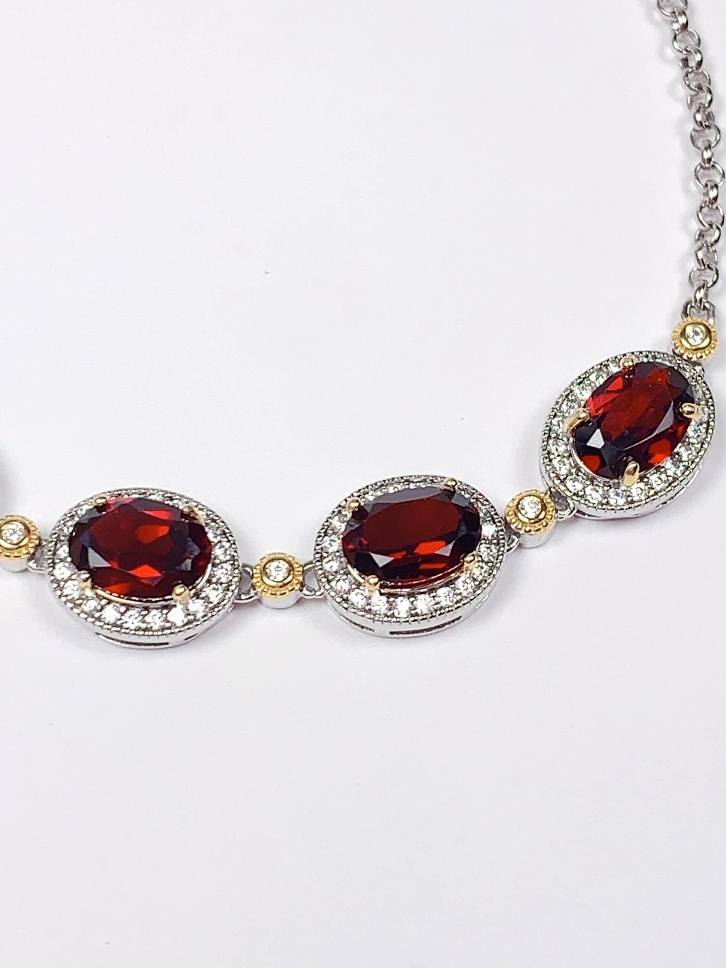 AAA Red Garnet Bracelet: 18K Gold Plated Sterling Silver, Oval Cut