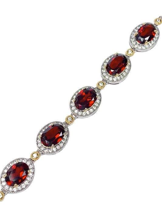 AAA Red Garnet Bracelet: 18K Gold Plated Sterling Silver, Oval Cut