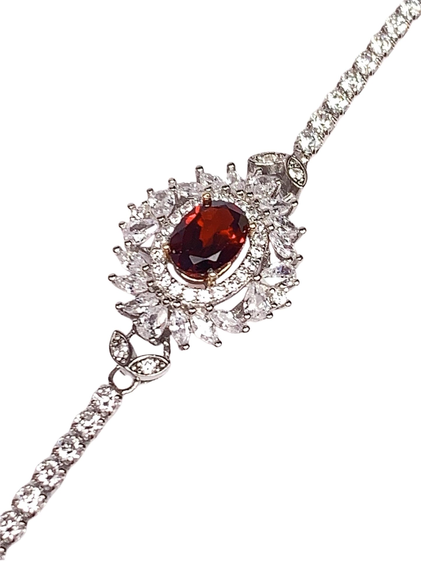 Red Garnet Sterling Silver Bracelet: 18K White Gold Plated