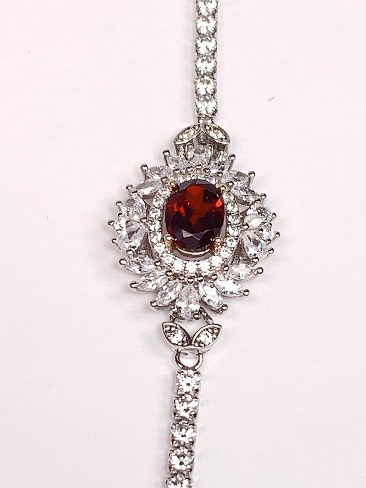 Red Garnet Sterling Silver Bracelet: 18K White Gold Plated