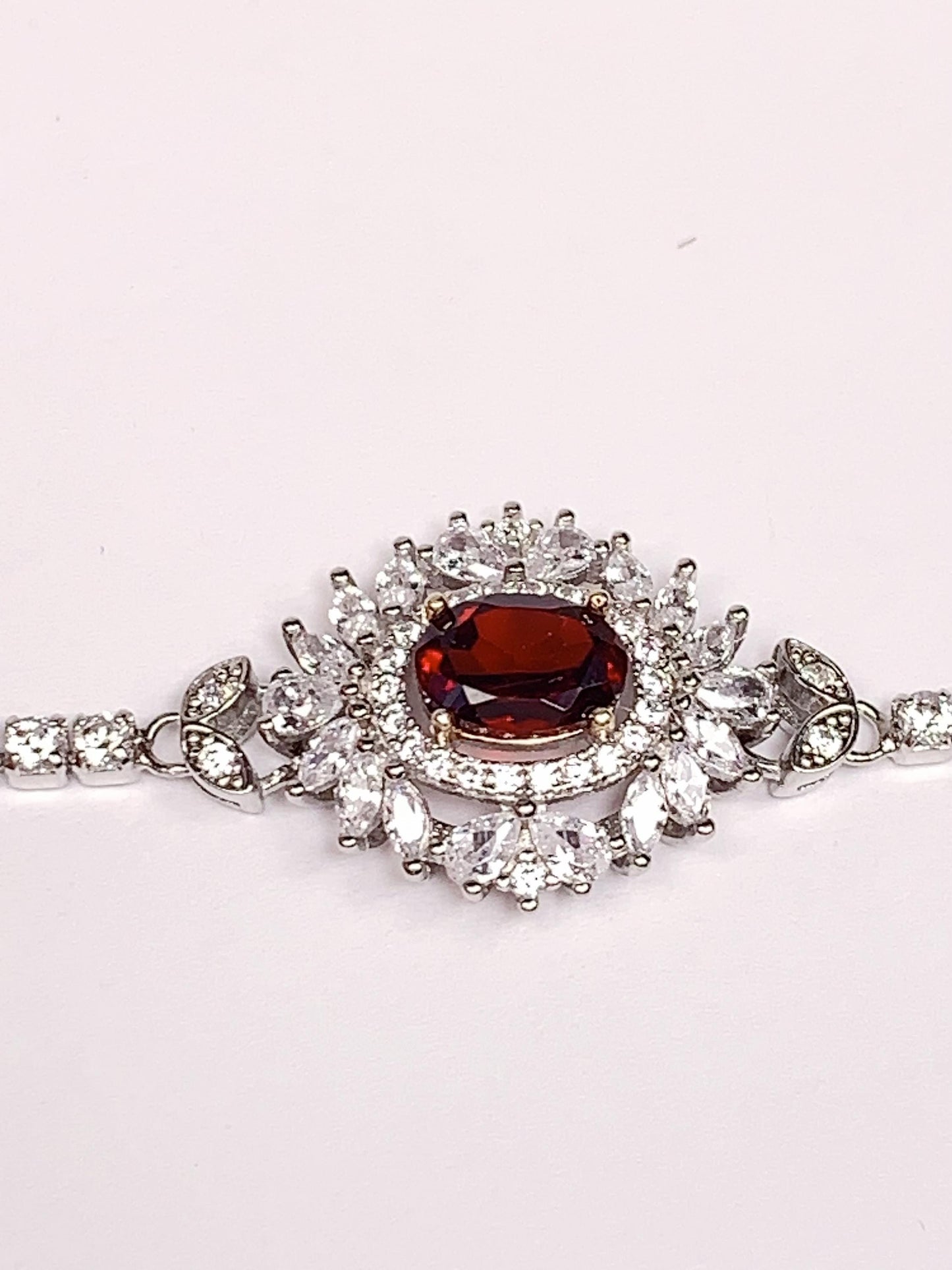 Red Garnet Sterling Silver Bracelet: 18K White Gold Plated