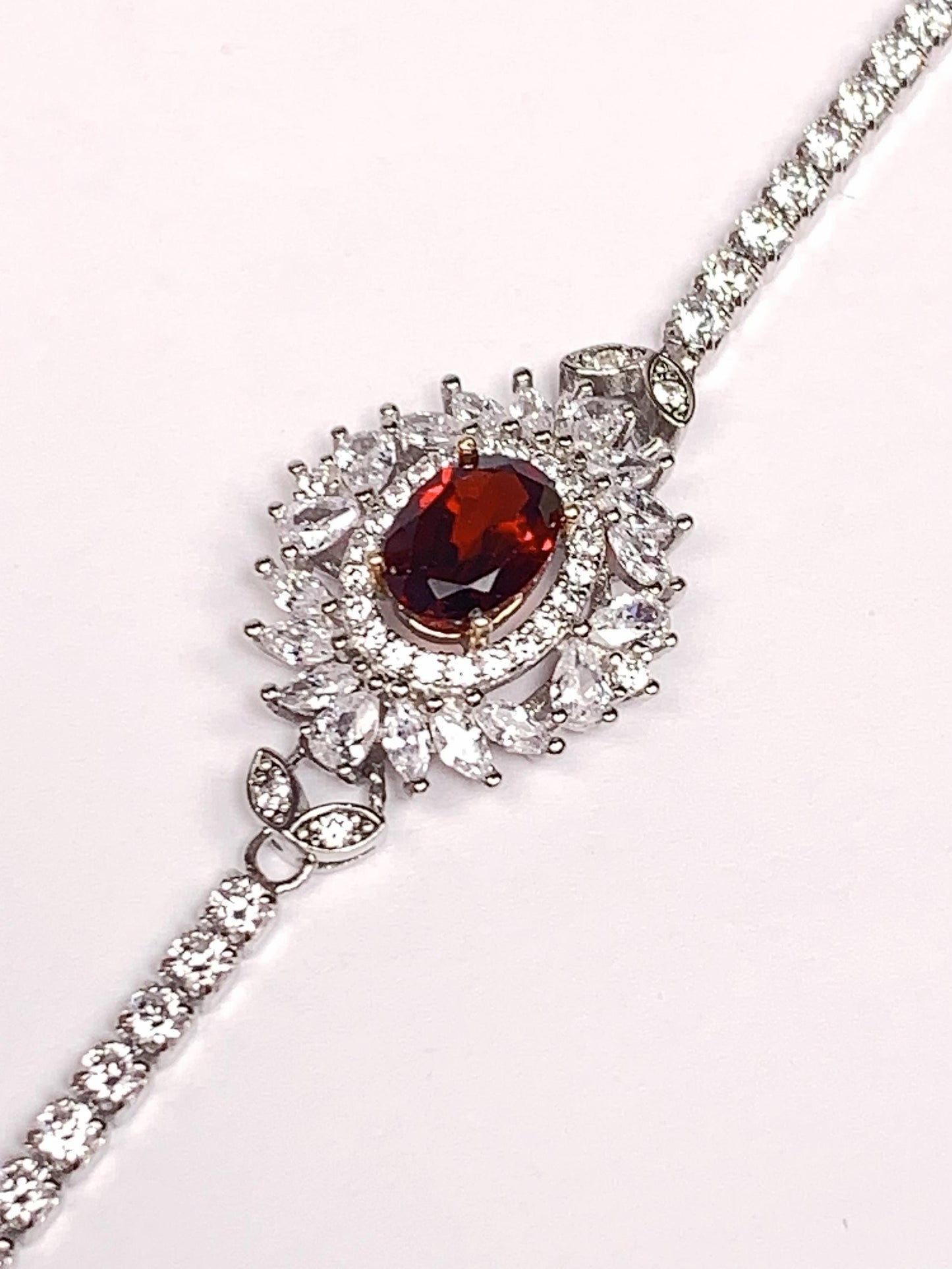 Red Garnet Sterling Silver Bracelet: 18K White Gold Plated