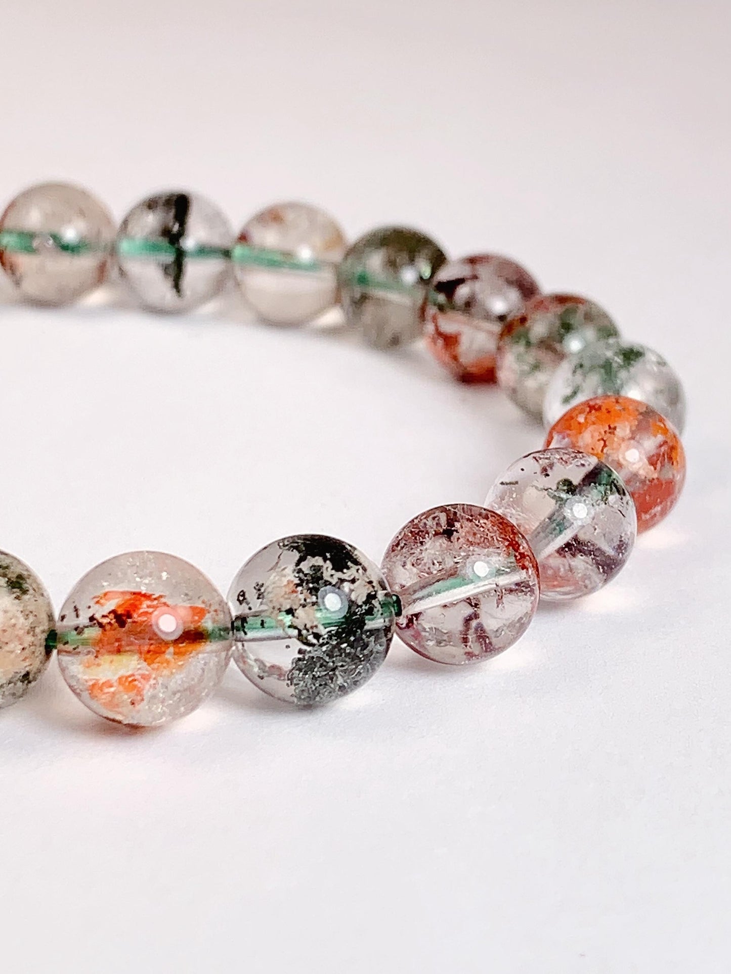 Natural Phantom Quartz Bracelet: Green, Brown & Red Crystal Beads