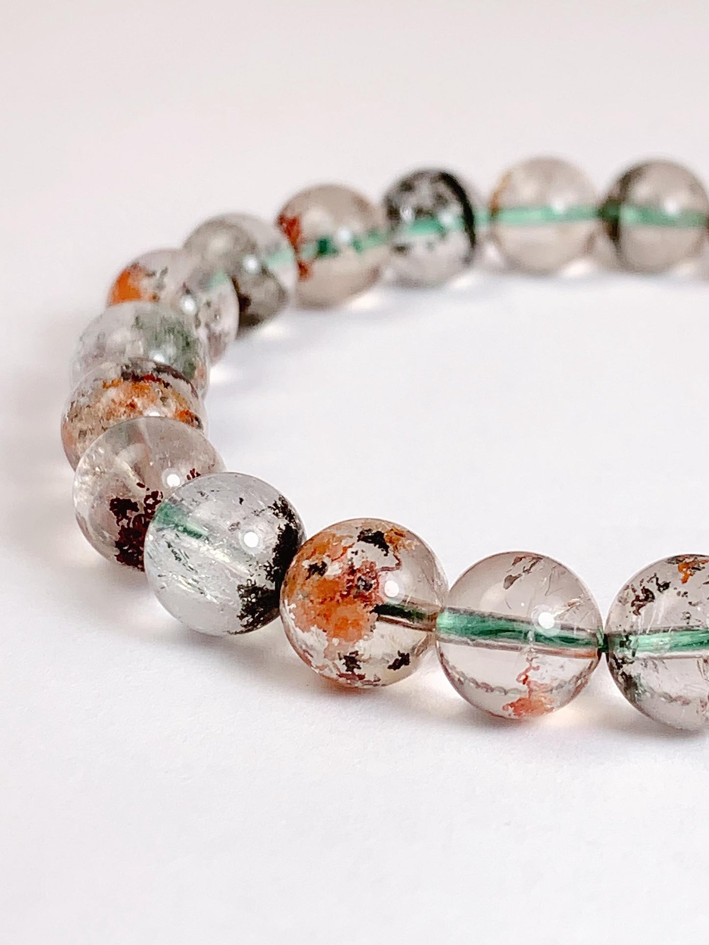 Natural Phantom Quartz Bracelet: Green, Brown & Red Crystal Beads
