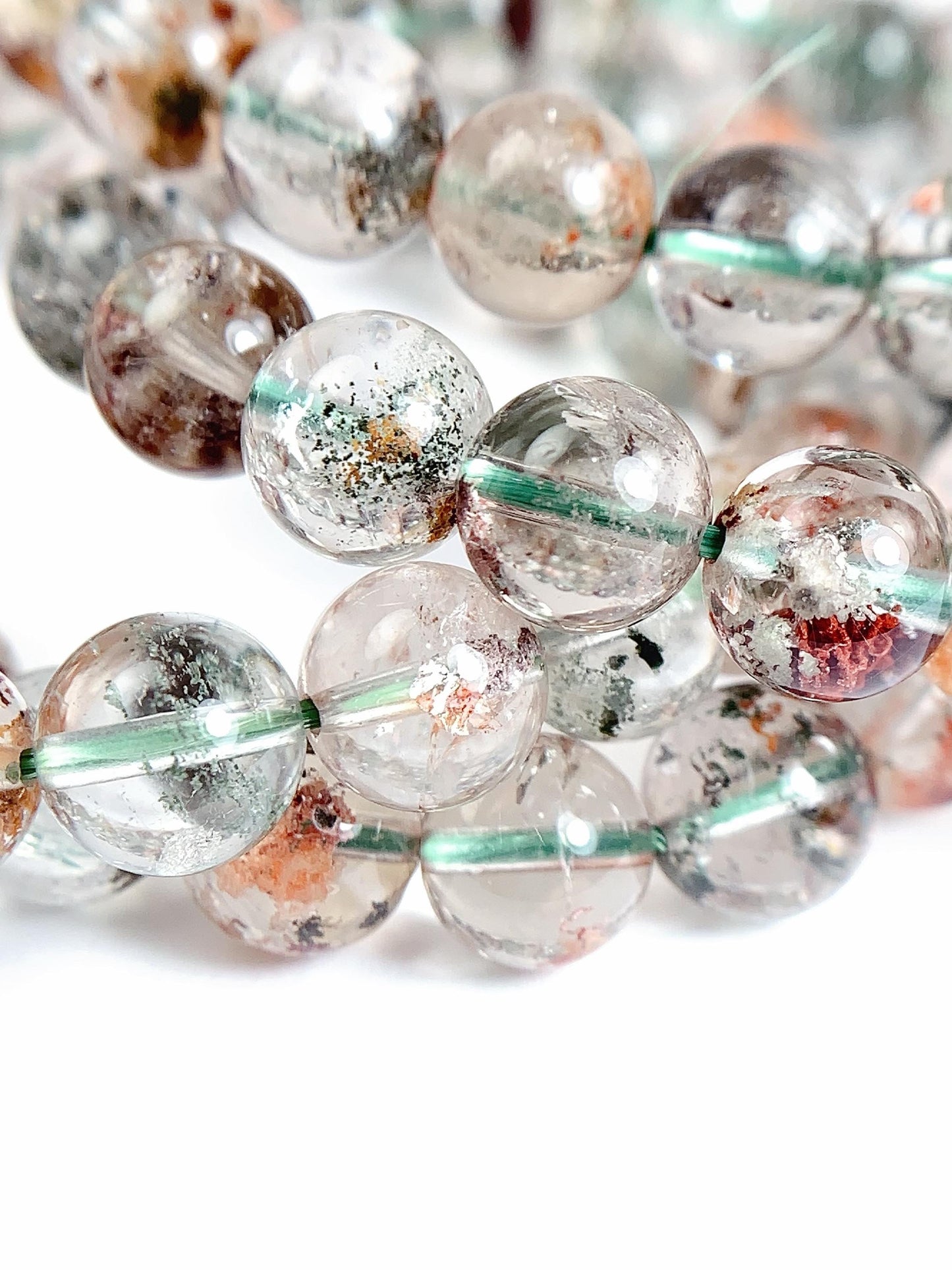 Natural Phantom Quartz Bracelet: Green, Brown & Red Crystal Beads