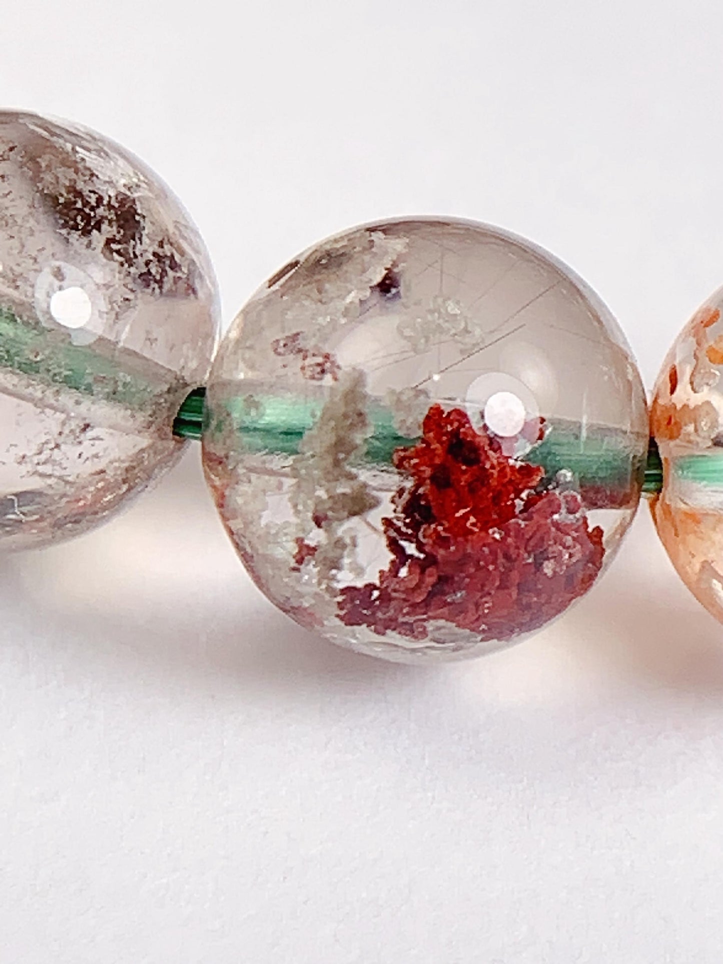 Natural Phantom Quartz Bracelet: Green, Brown & Red Crystal Beads