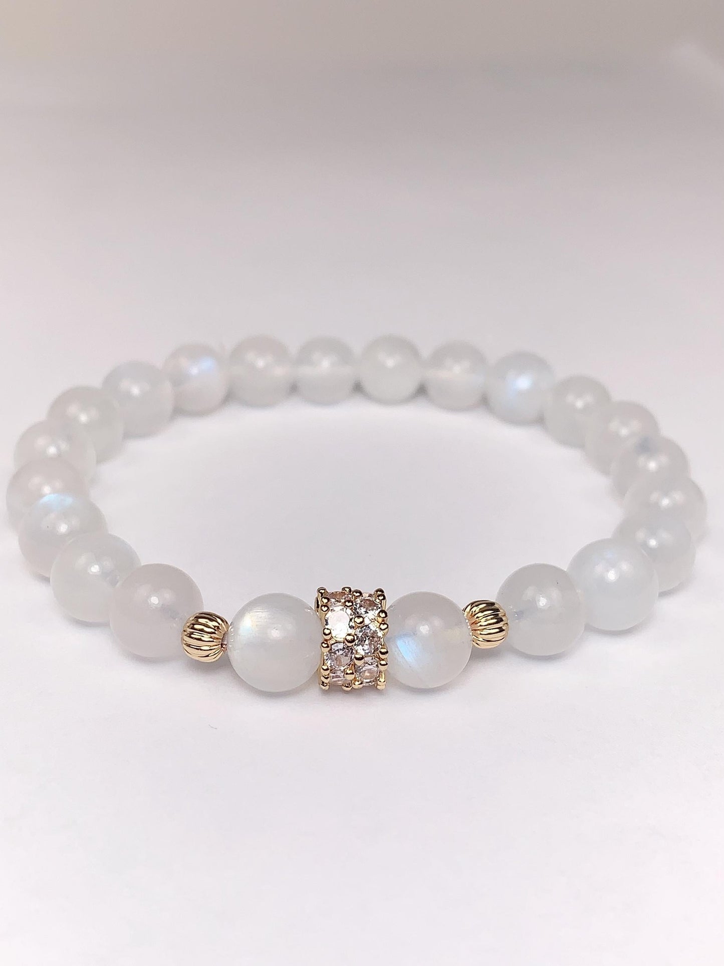 14K Gold Filled Genuine white blue moonstone Smooth Round Stretch Bracelet 8mm
