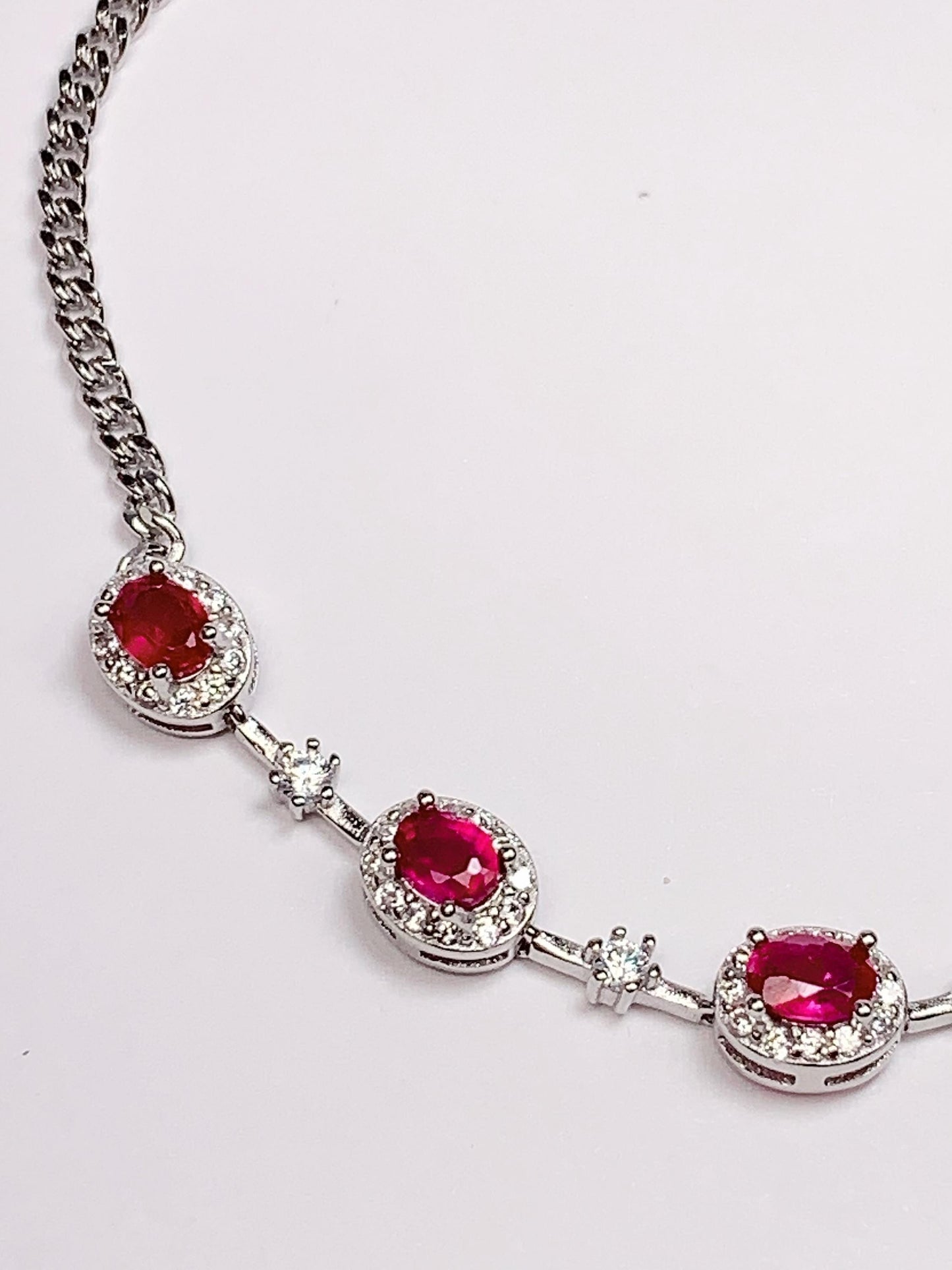 Ruby Sterling Silver Bracelet: 18K White Gold Plated, Dainty Gemstone