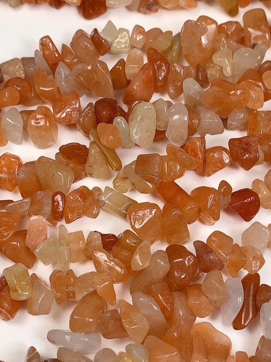 Red Orange Aventurine Chip Beads: Genuine Gemstone Nuggets, 32" Strand