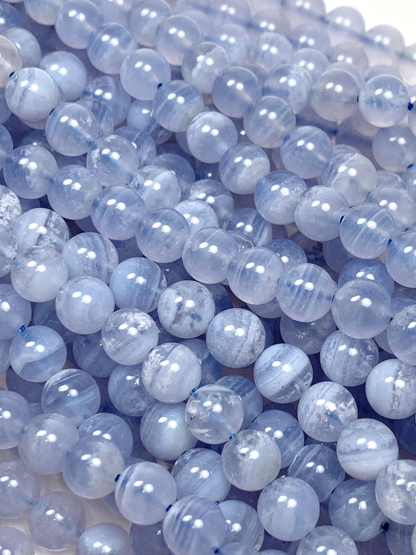 AAA Natural Icy Blue Lace Strip Agate Smooth Round Beads Gemstone Strand 15.5" 6mm