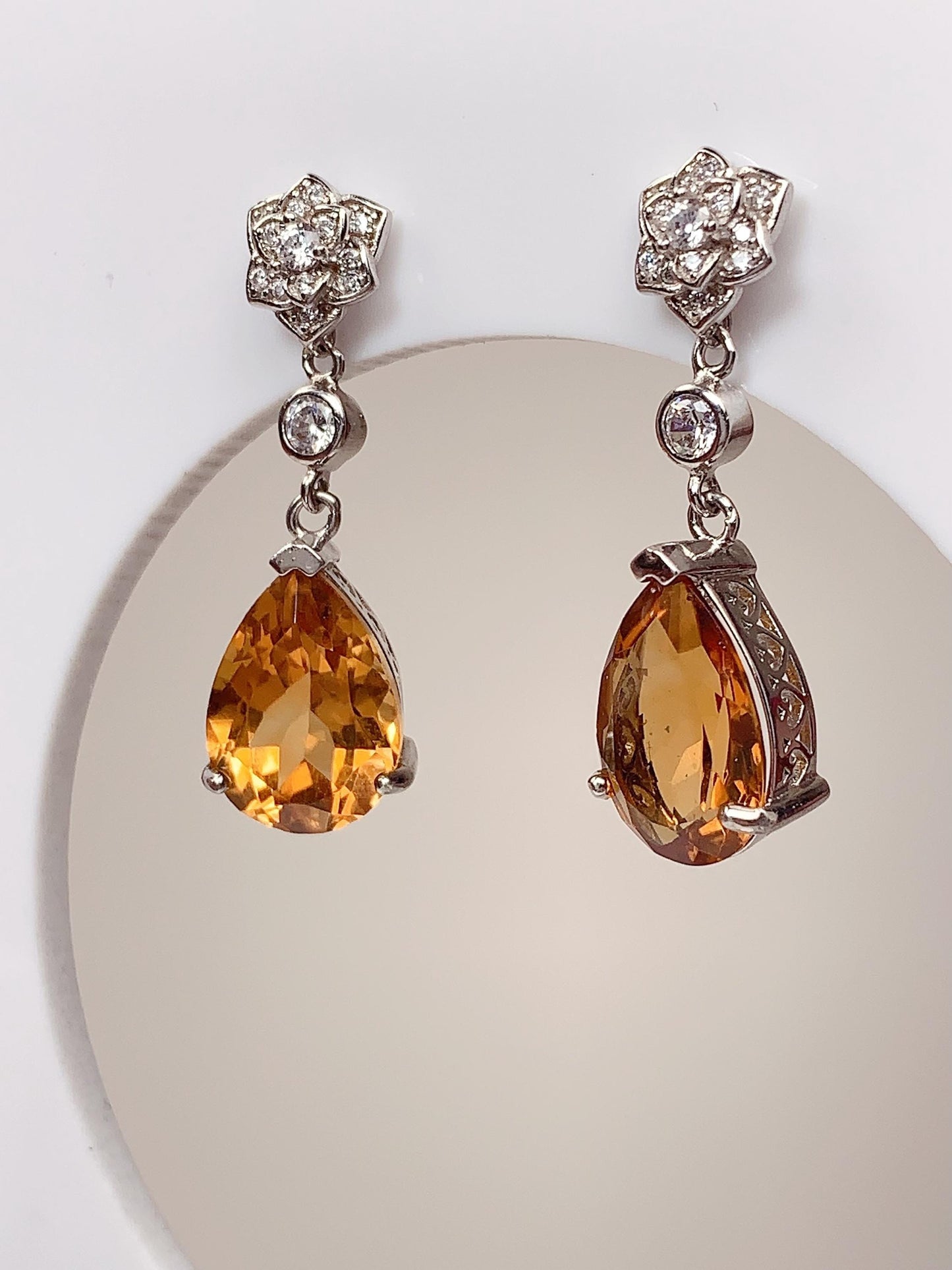 Citrine Drop Earrings: 18k Gold Plated Sterling Silver Flower Design