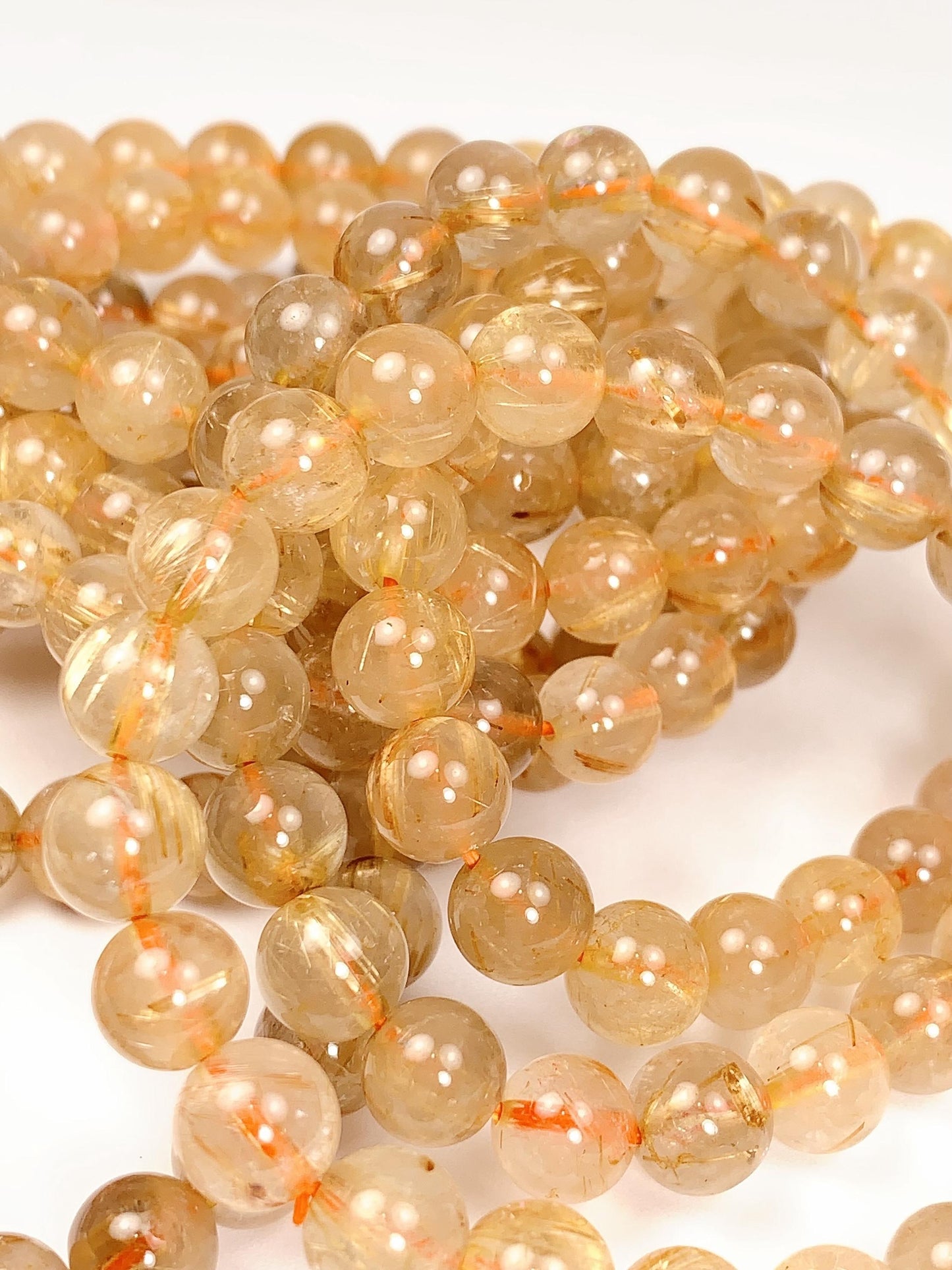 Natural Golden Rutilated Quartz Bracelet: 8mm Smooth Round Gemstone