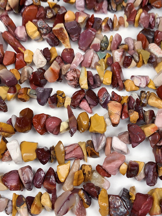 Mookaite Jasper Chip Beads: Natural Red Yellow Gemstone Nuggets, 32" Strand
