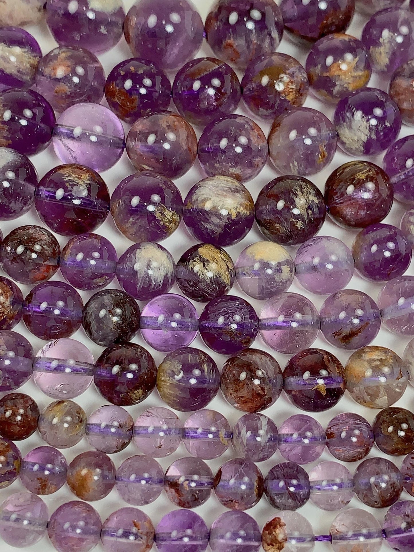AAA Natural Purple Brown Super 7 Seven  Phantom Amethyst Cacoxenite Crystal Smooth Round Beads 15.5" Strand 6mm 8mm 10mm 12mm 14mm 16mm 17mm
