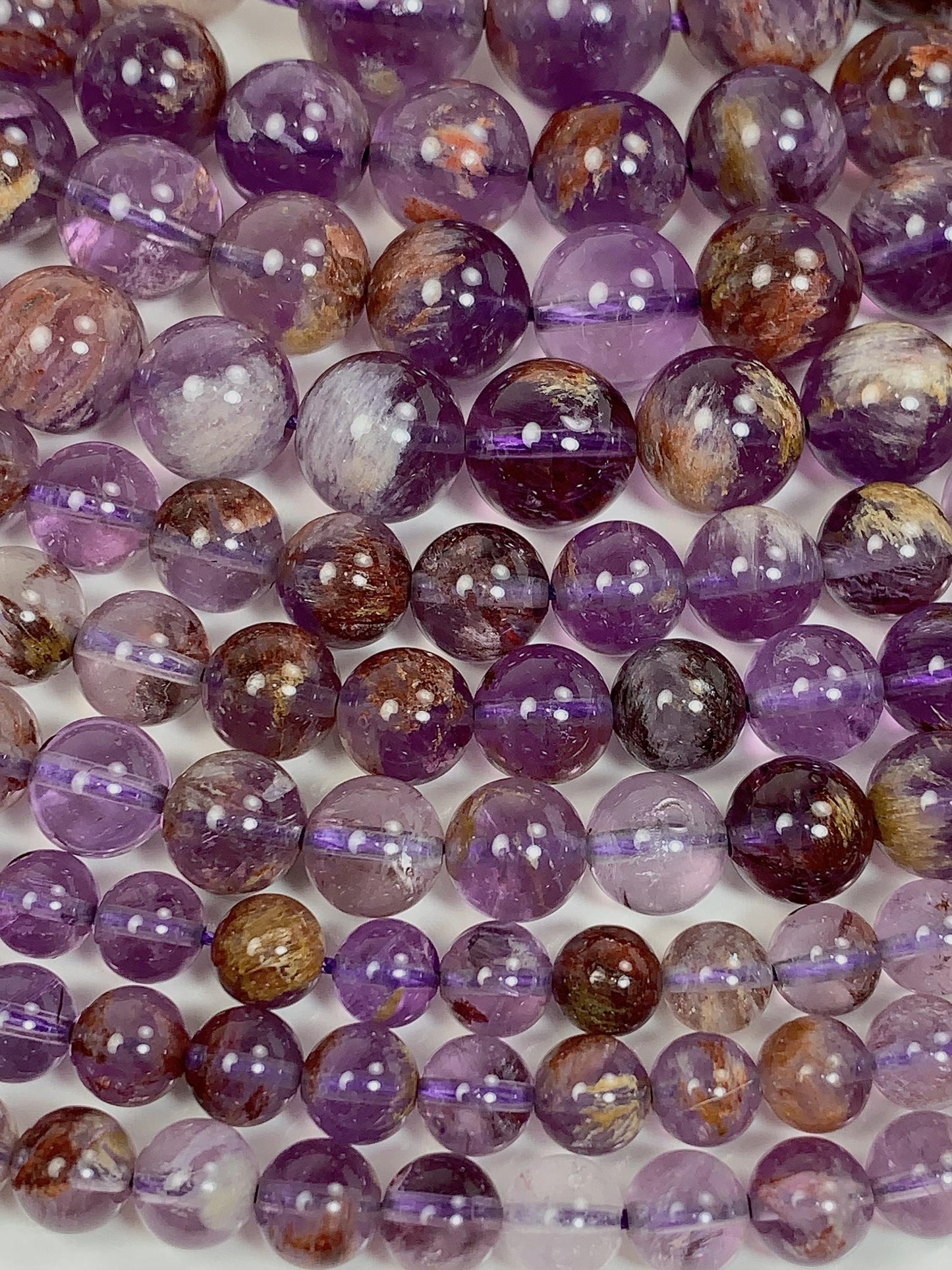AAA Natural Purple Brown Super 7 Seven  Phantom Amethyst Cacoxenite Crystal Smooth Round Beads 15.5" Strand 6mm 8mm 10mm 12mm 14mm 16mm 17mm