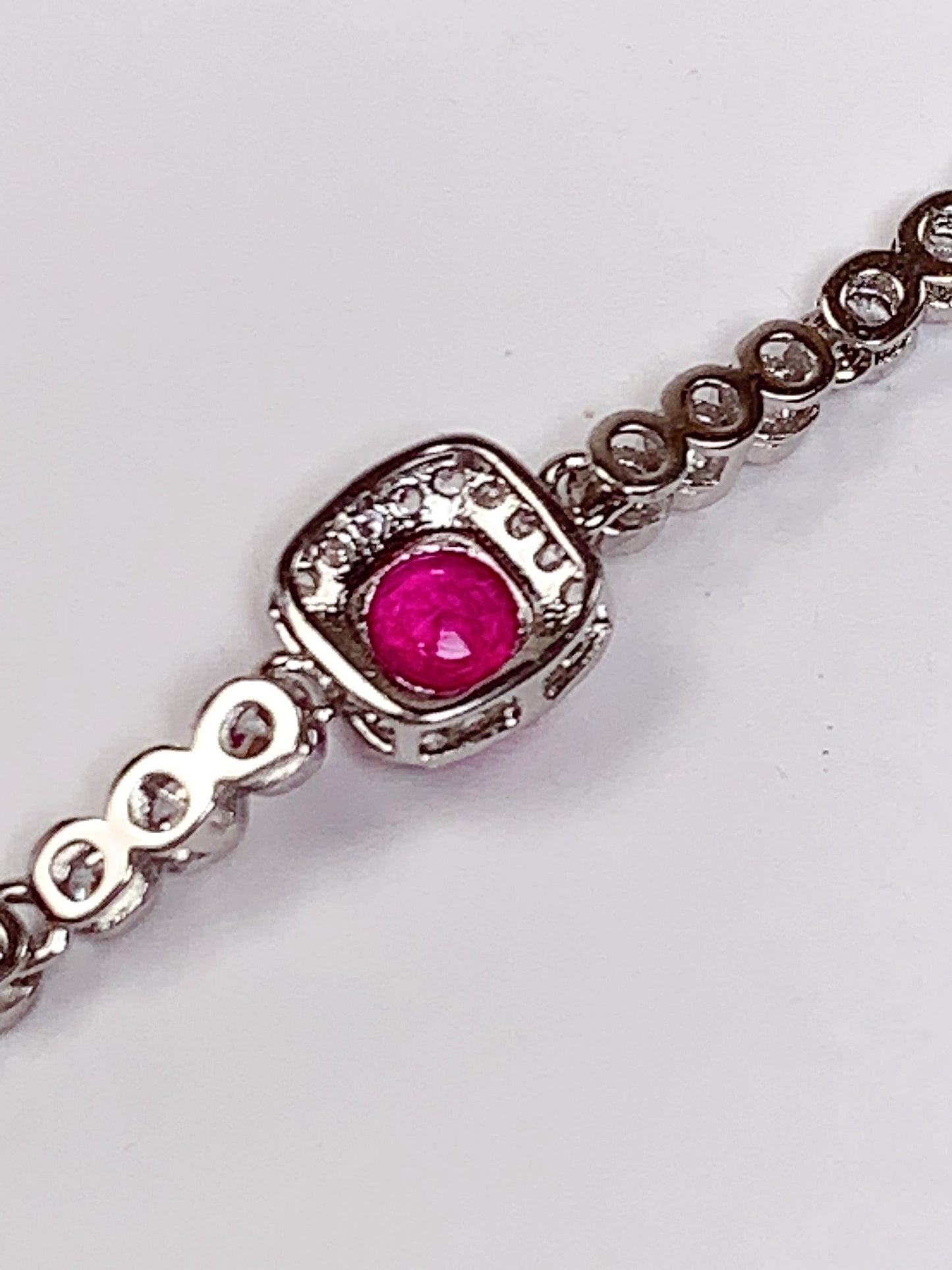 Ruby Bracelet: 18K White Gold Plated Sterling Silver, 5mm Red Gemstone