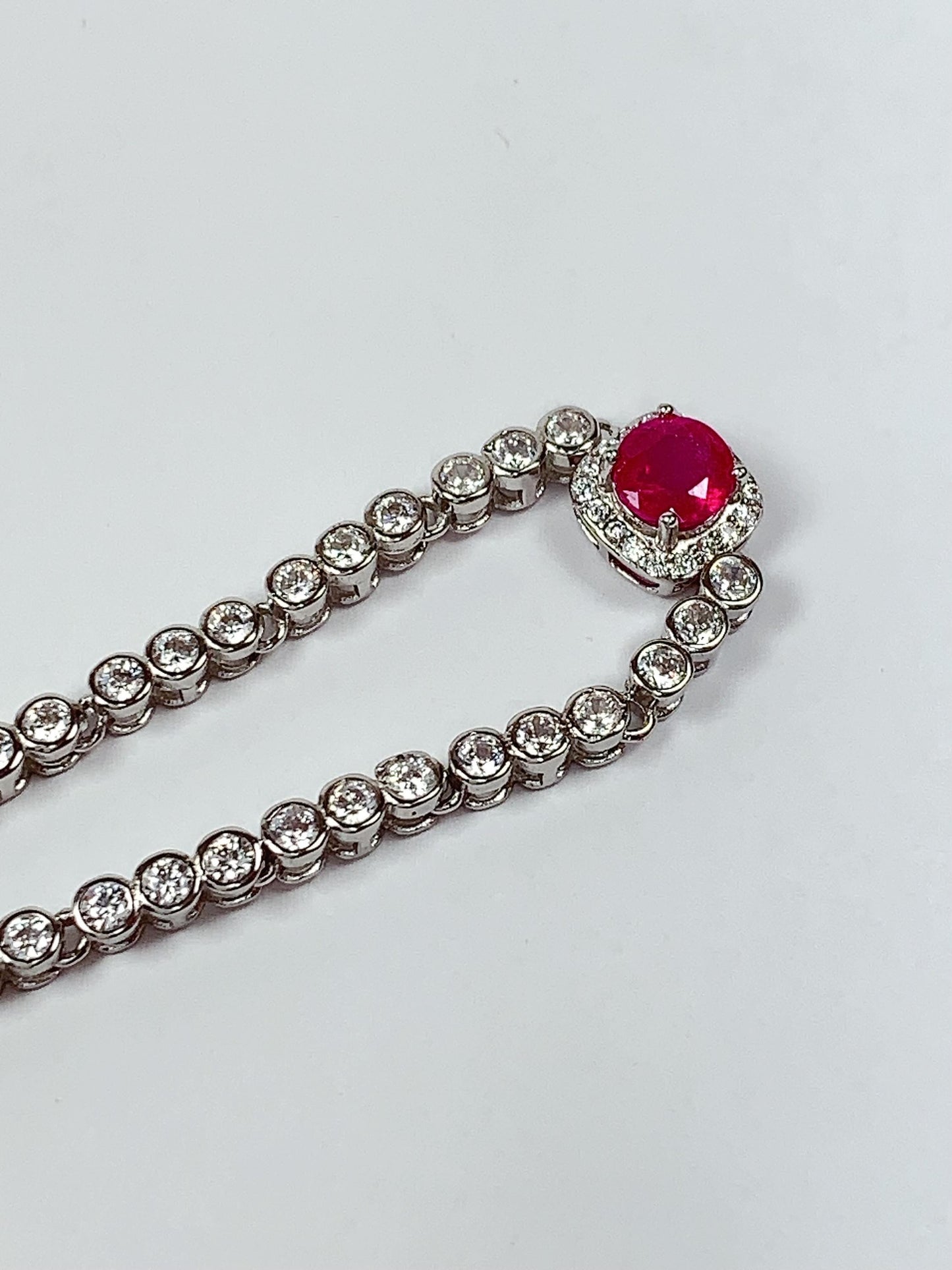 Ruby Bracelet: 18K White Gold Plated Sterling Silver, 5mm Red Gemstone