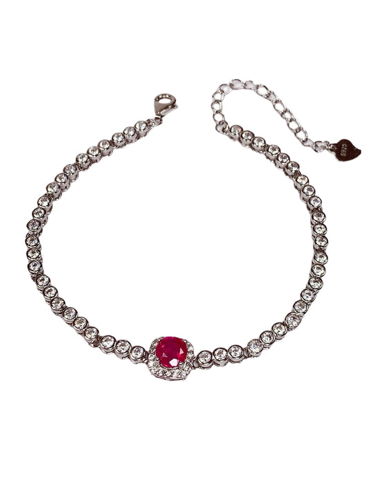 Ruby Bracelet: 18K White Gold Plated Sterling Silver, 5mm Red Gemstone