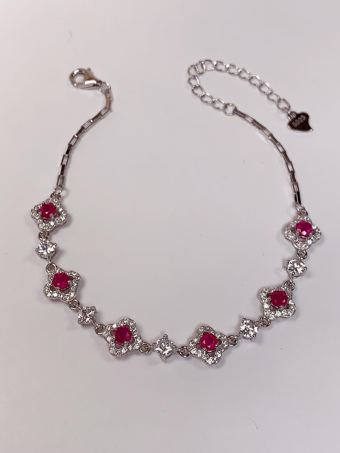 Ruby Sterling Silver Bracelet: 18K White Gold Plated, Floral Design