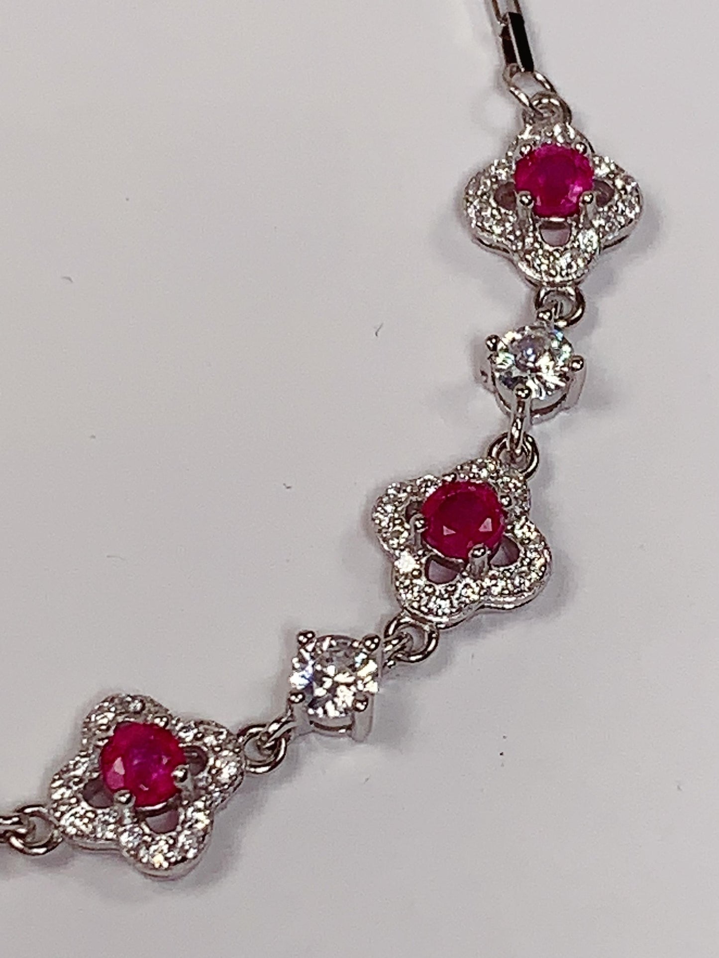 Ruby Sterling Silver Bracelet: 18K White Gold Plated, Floral Design