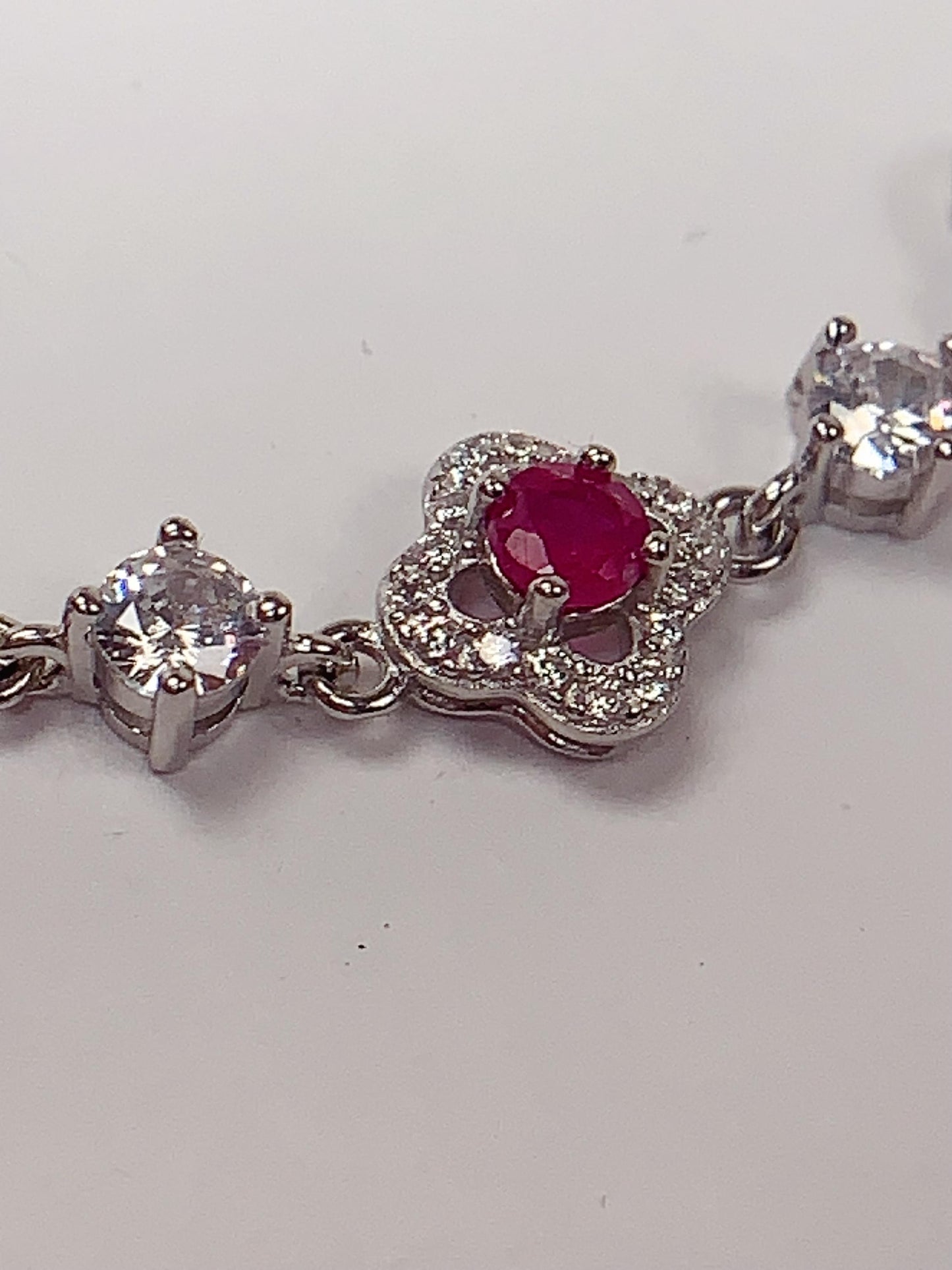 Ruby Sterling Silver Bracelet: 18K White Gold Plated, Floral Design