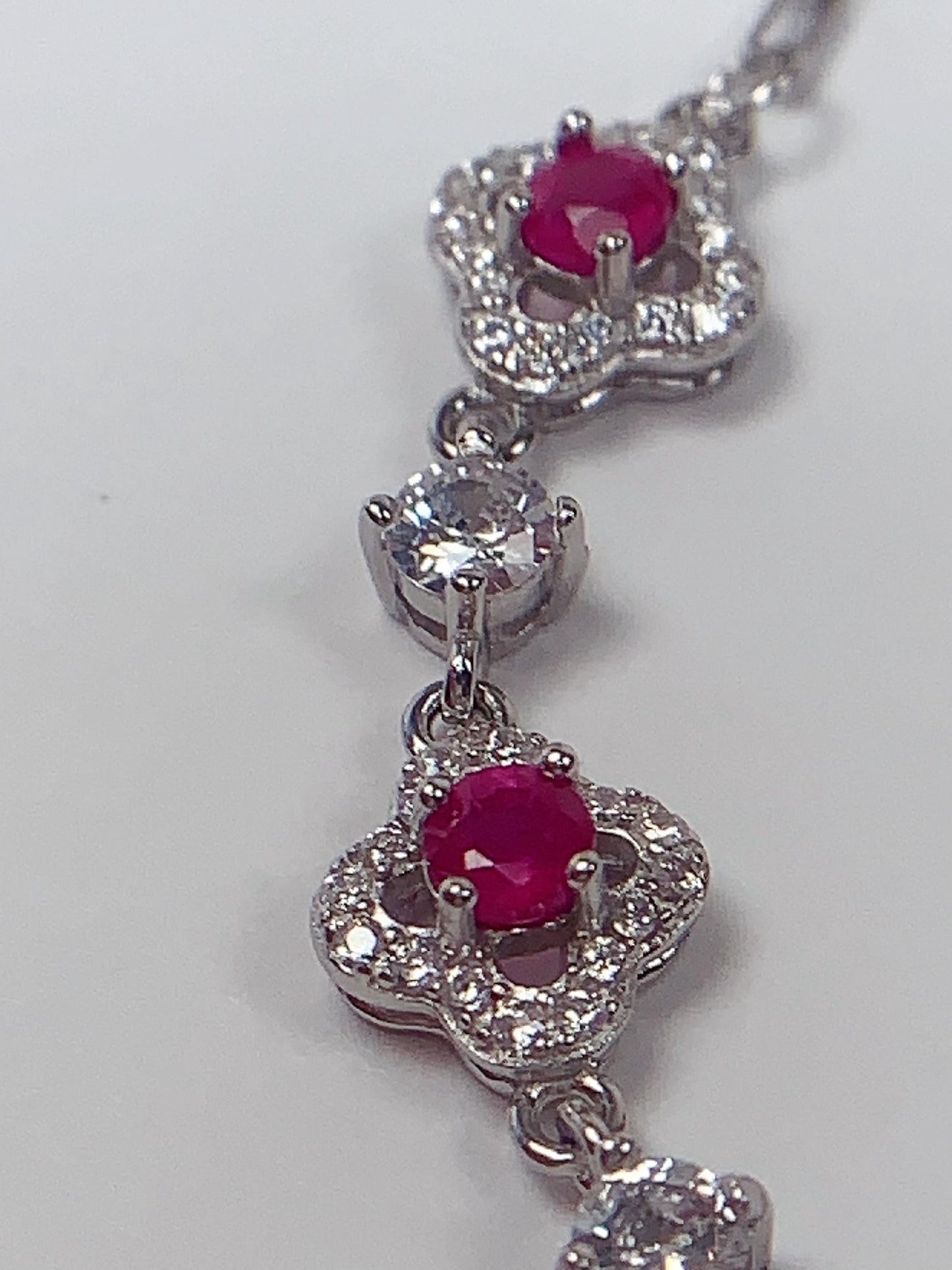 Ruby Sterling Silver Bracelet: 18K White Gold Plated, Floral Design